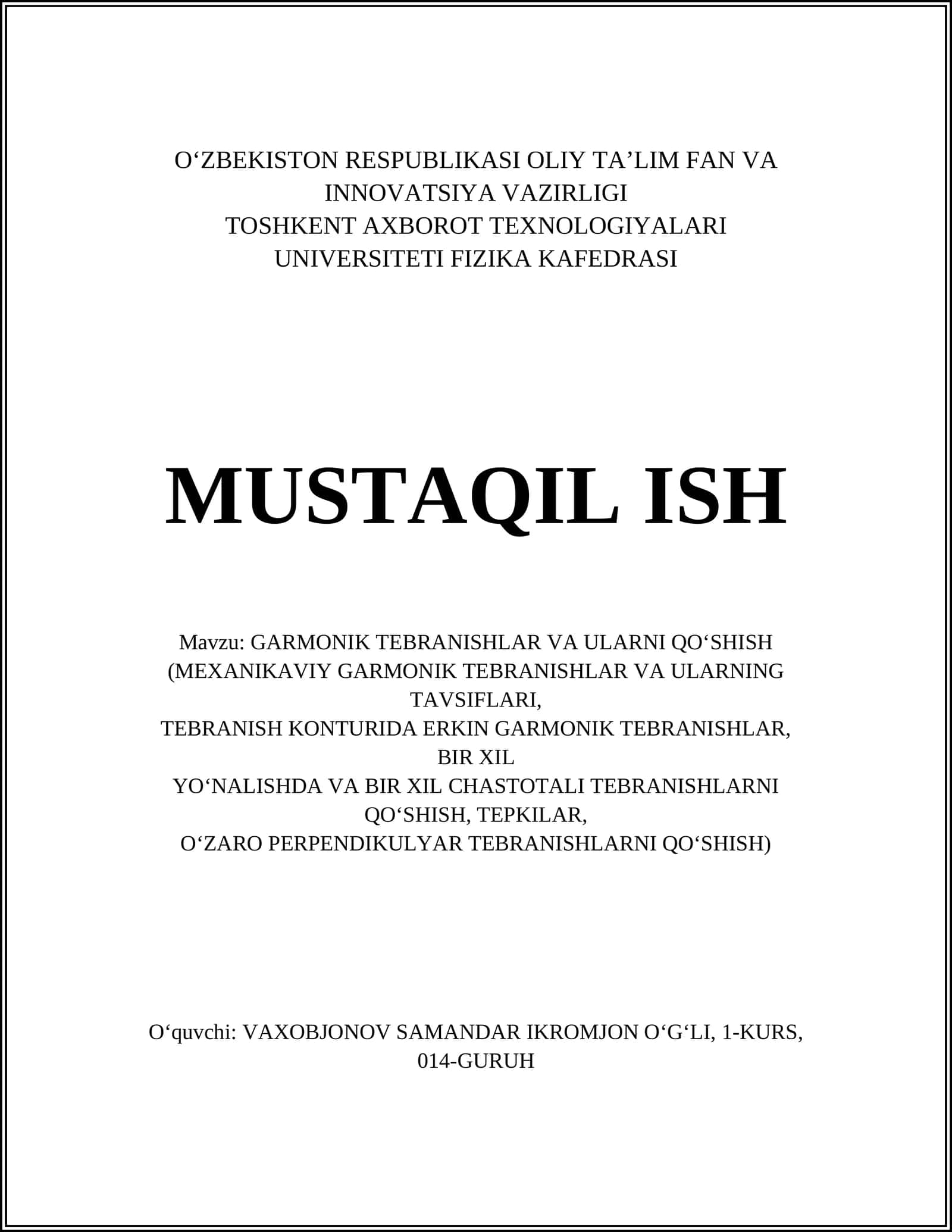 GARMONIK TEBRANISHLAR VA ULARNI QO‘SHISH