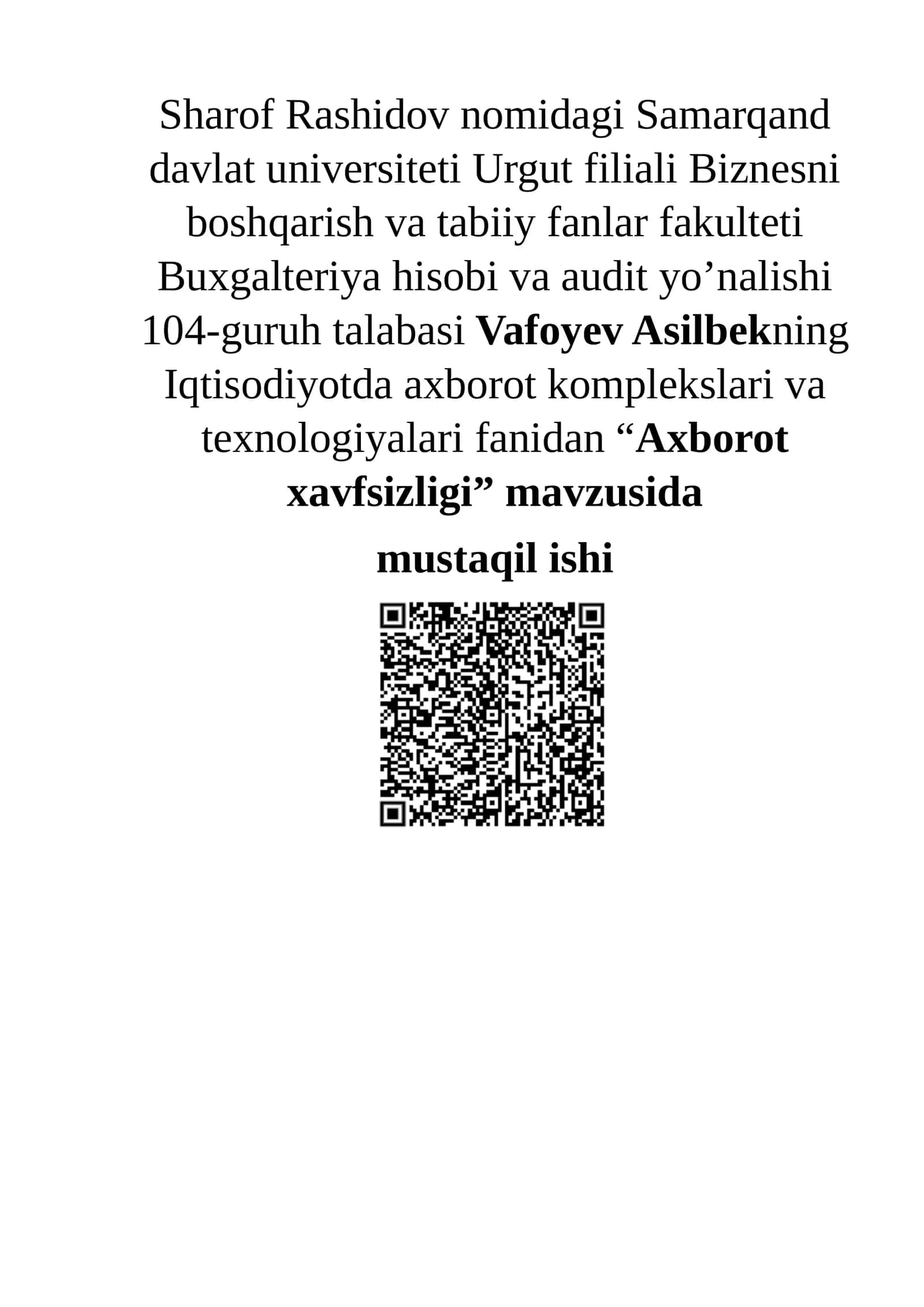 Axborot xavfsizligi va himoyasi
