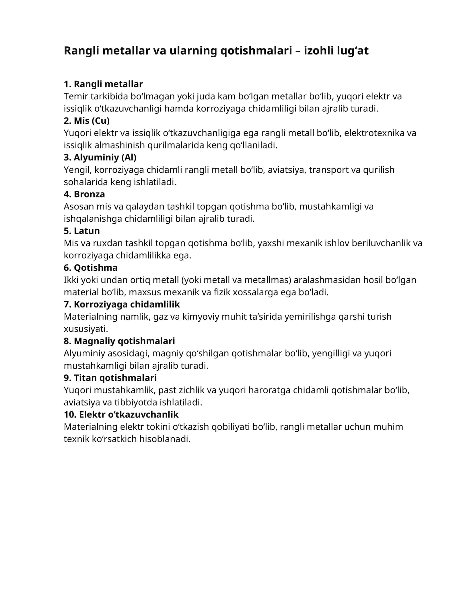 Rangli metallar va ularning qotishmalari โ izohli lugโat