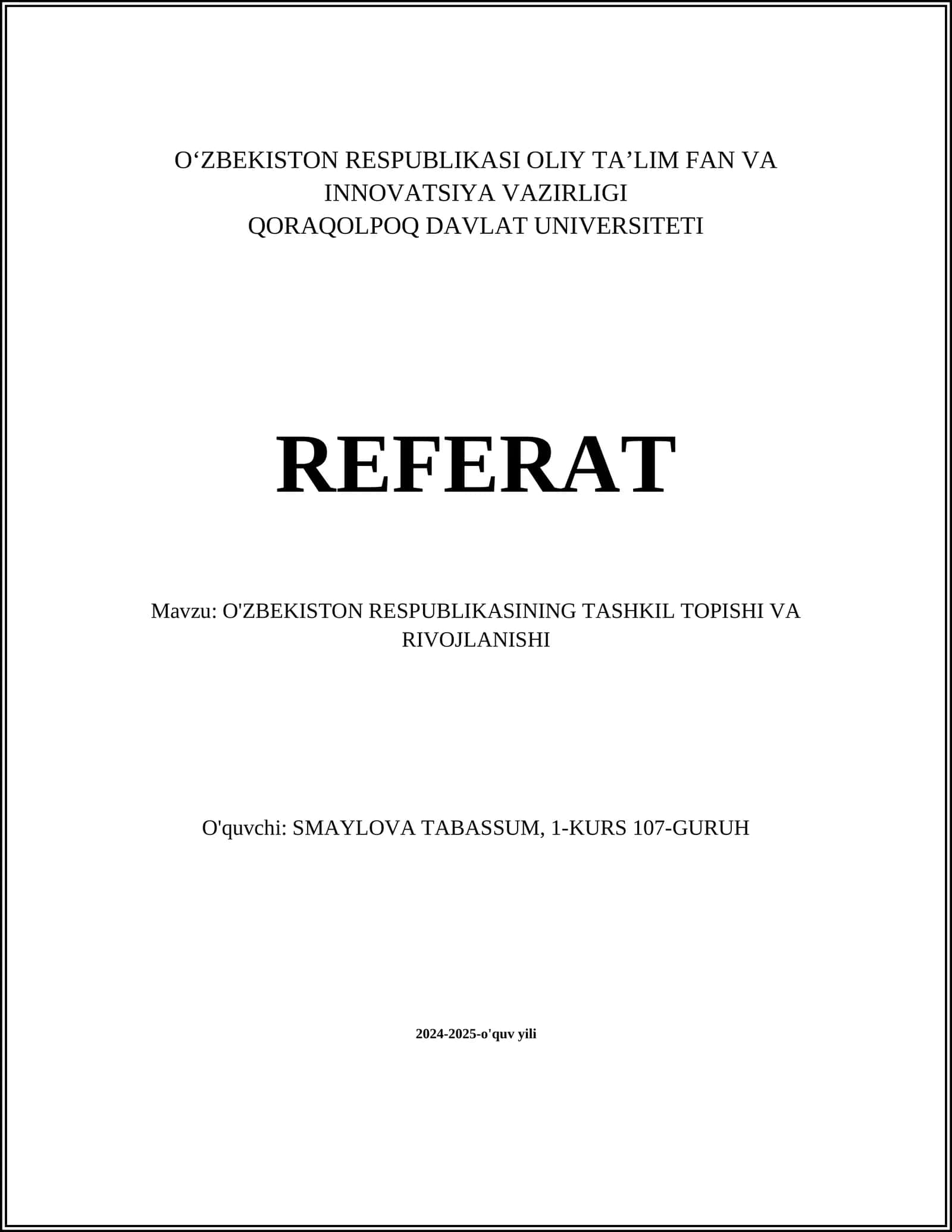 O'ZBEKISTON RESPUBLIKASINING TASHKIL TOPISHI VA RIVOJLANISHI