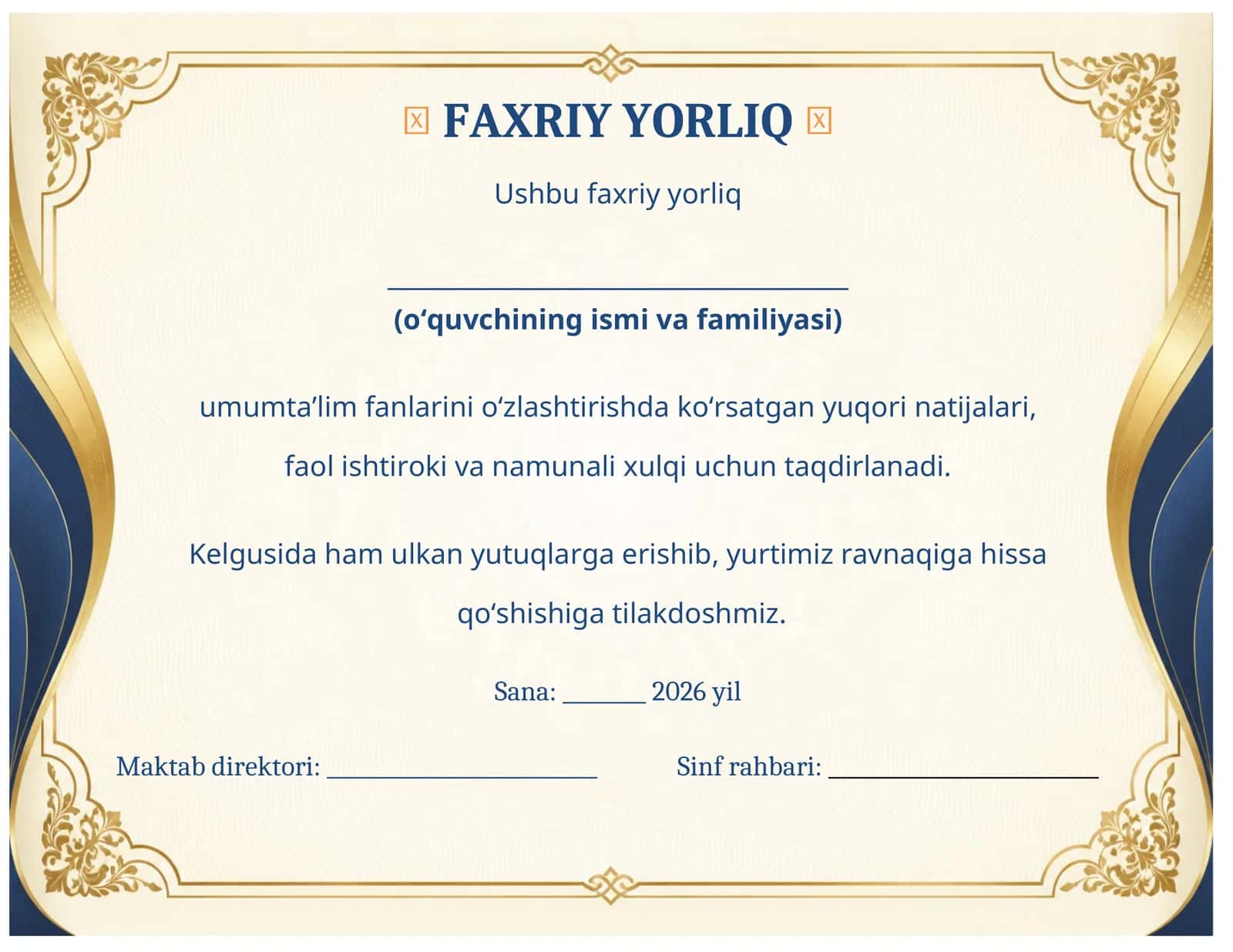 Faxriy yorliq maktab o'quvchilari uchun