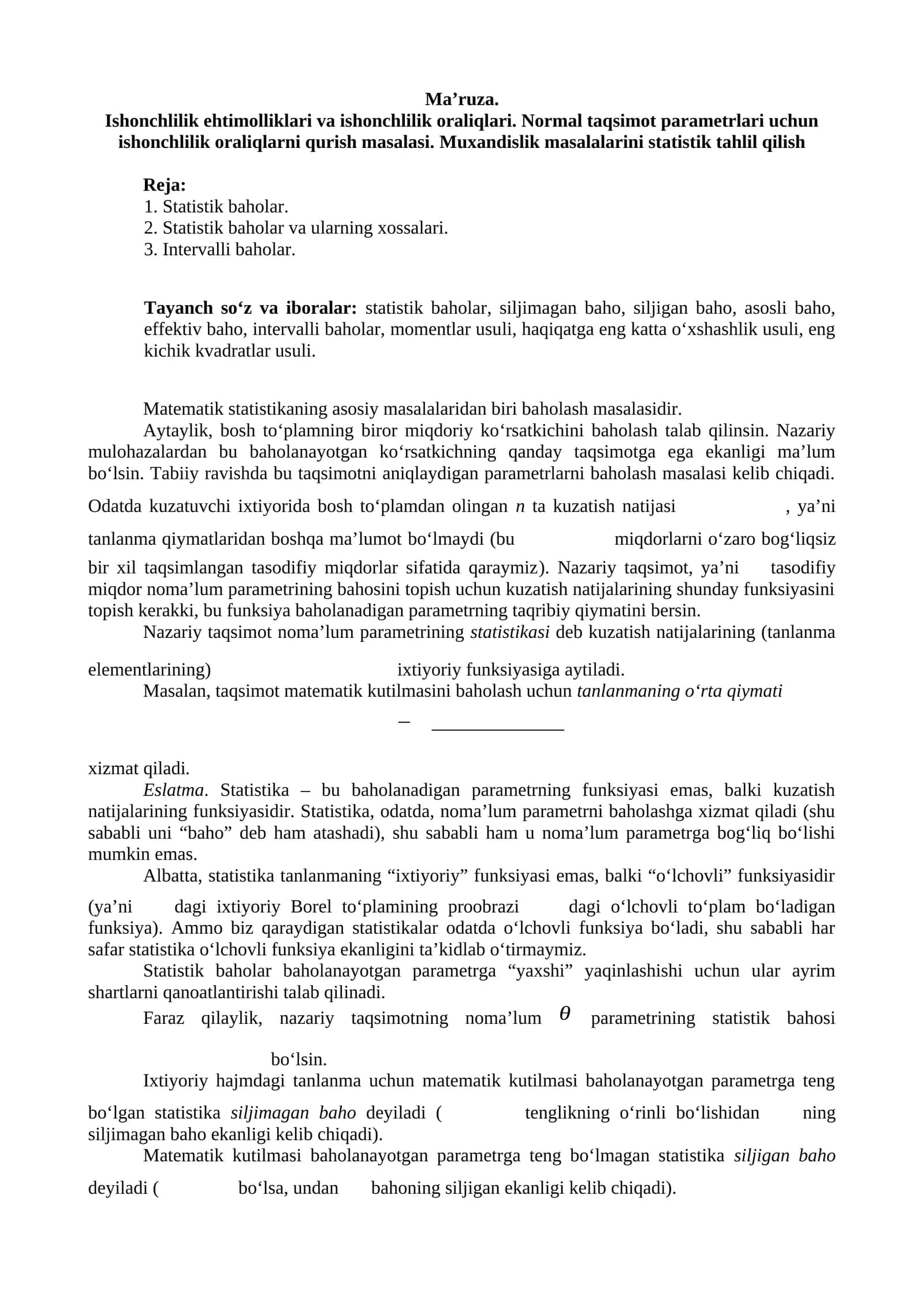 Ishonchlilik ehtimolliklari va ishonchlilik oraliqlari 1