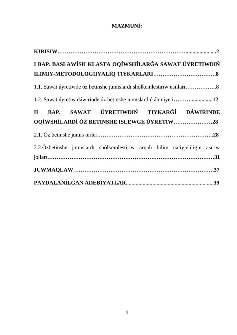 KURS JUMISI SAWAT ÚYRETIW DÁWIRINDE OQIWSHILARDI ÓZBETINSHE JUMISLARǴA ÚYRETIW
