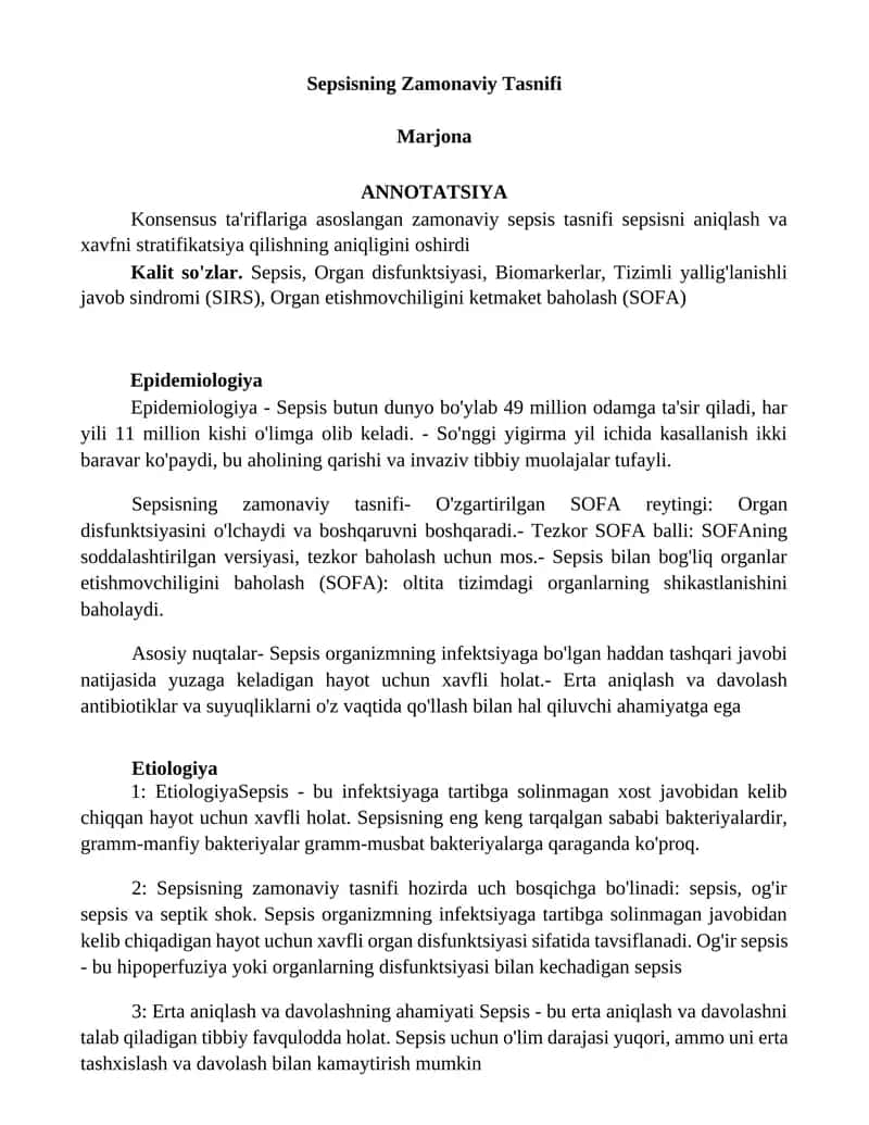 Sepsisning Zamonaviy Tasnifi