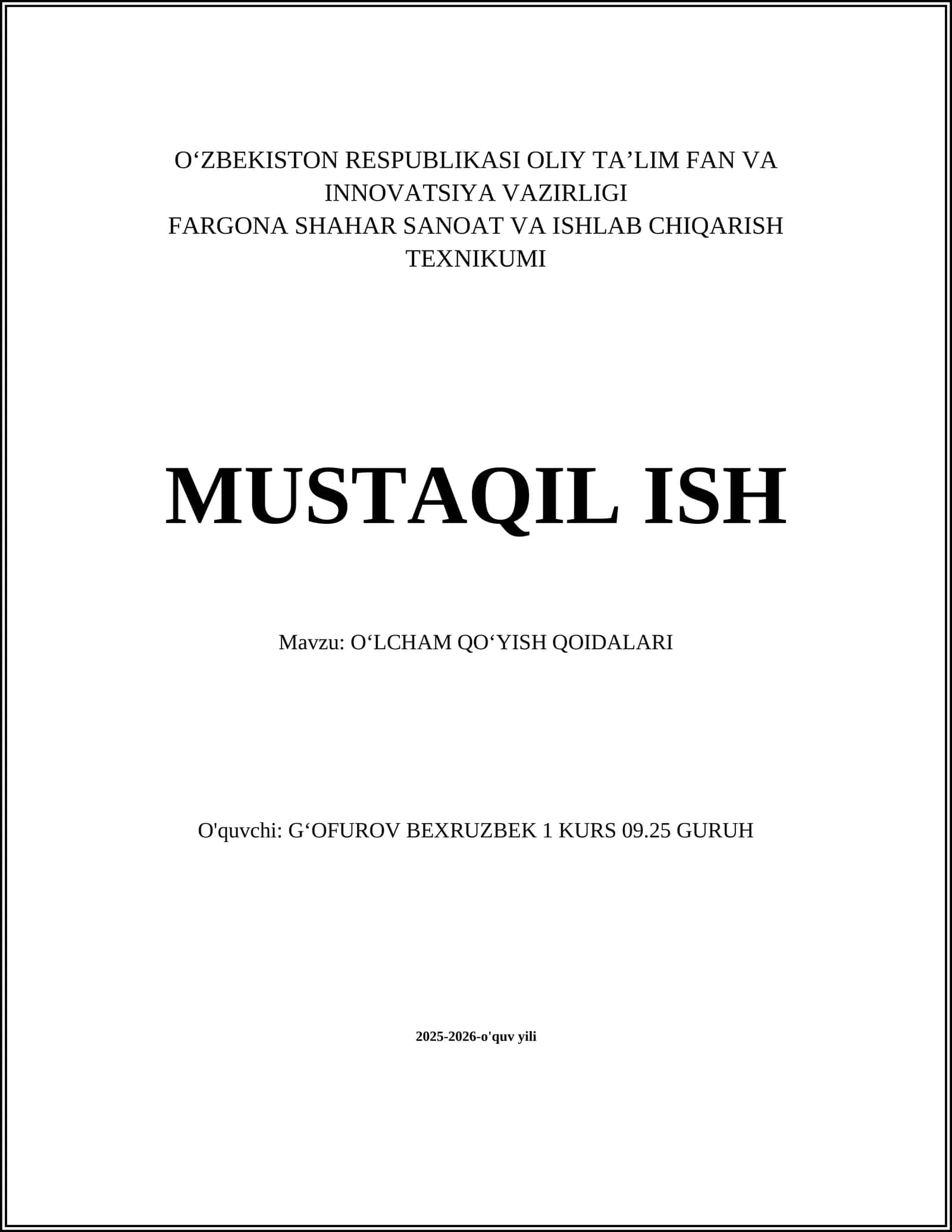 OʻLCHAM QOʻYISH QOIDALARI