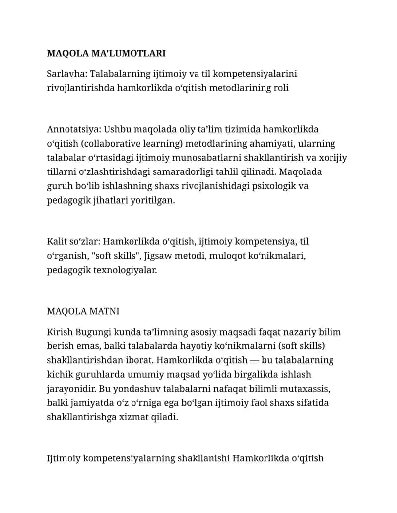 Tallabalarningijtimoiy va til kompitatsiyalari rivojlantirishda hamkorlikda o'qitish metodlari roli 1