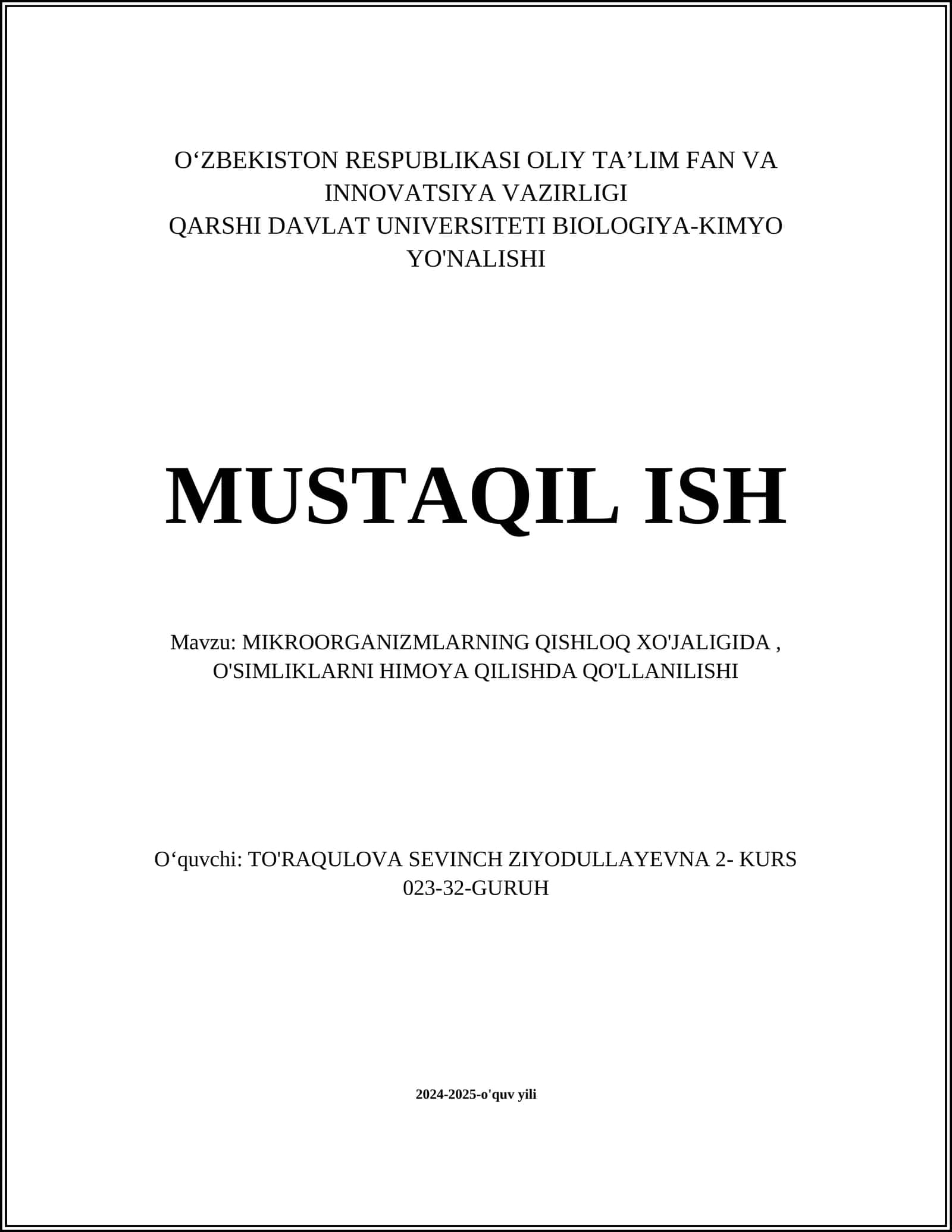 MIKROORGANIZMLARNING QISHLOQ XO'JALIGIDA, O'SIMLIKLARNI HIMOYA QILISHDA QO'LLANILISHI