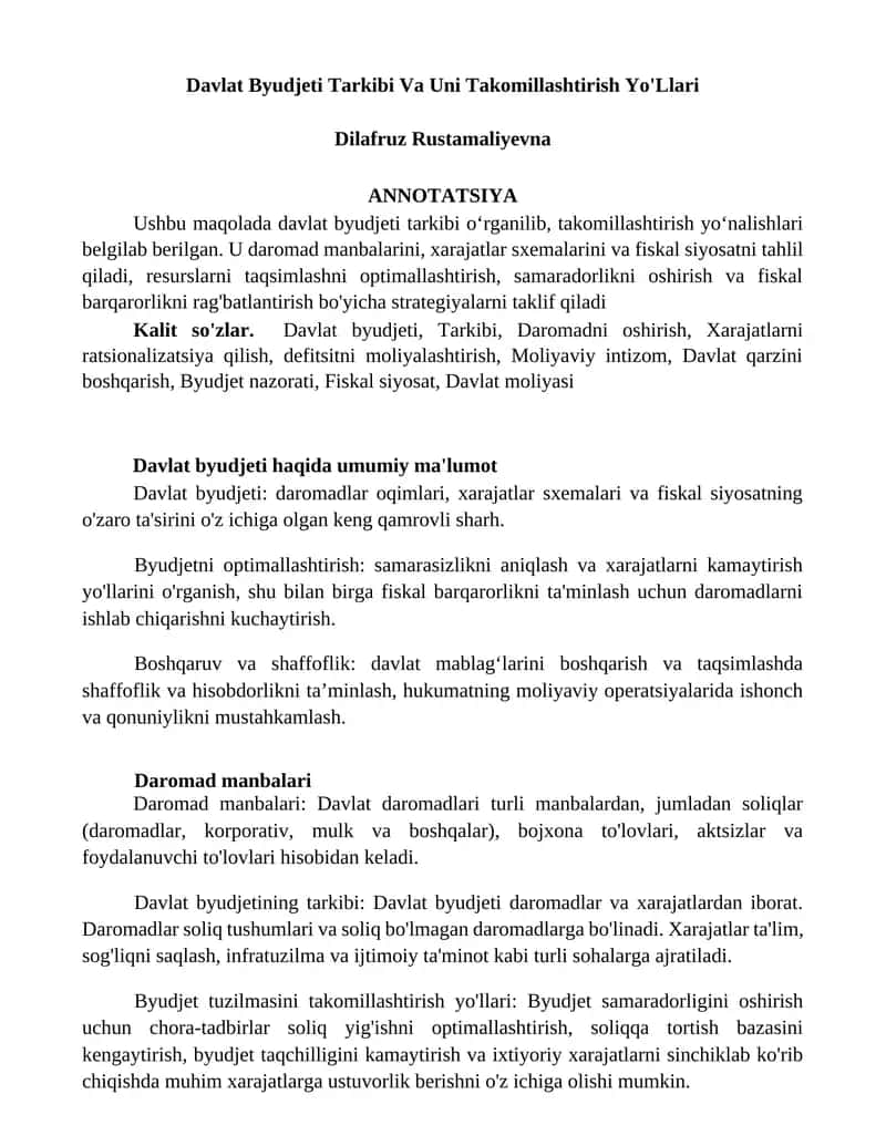Davlat Byudjeti Tarkibi Va Uni Takomillashtirish Yo'Llari