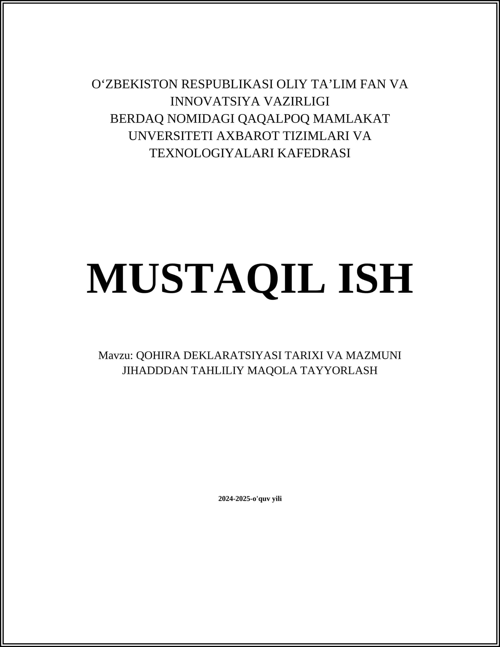QOHIRA DEKLARATSIYASI TARIXI VA MAZMUNI JIHADDDAN TAHLILIY MAQOLA TAYYORLASH