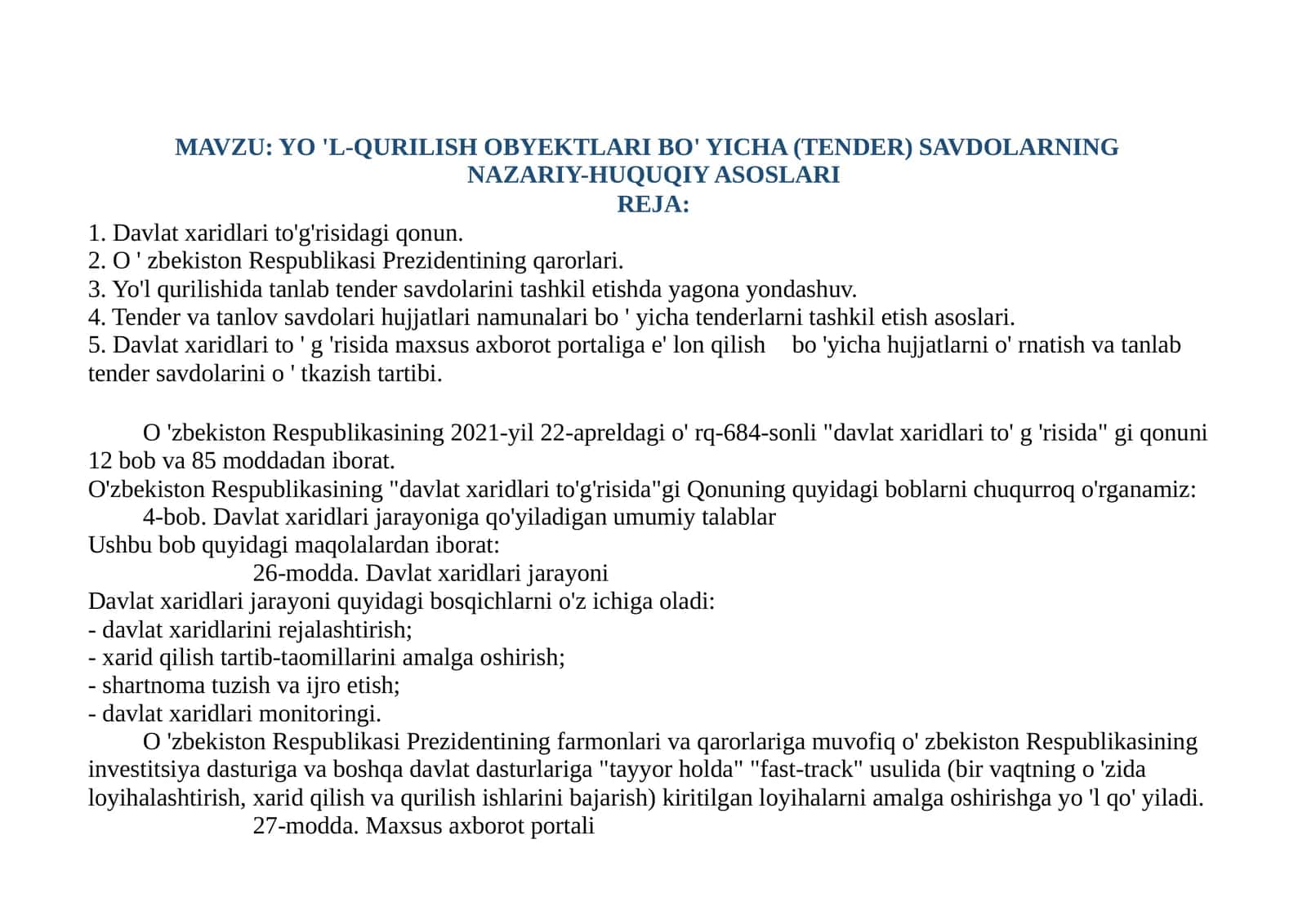 YO'L-QURILISH OB'EKTLARI BO'YICHA (TENDER) SAVDOLARNING NAZARIY-HUQUQIY ASOSLARI