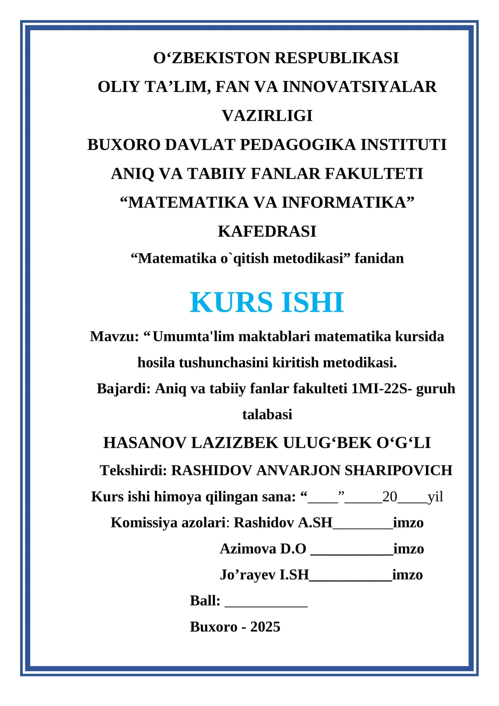 Umumta'lim maktablari matematika kursida hosila tushunchasini kiritish metodikasi