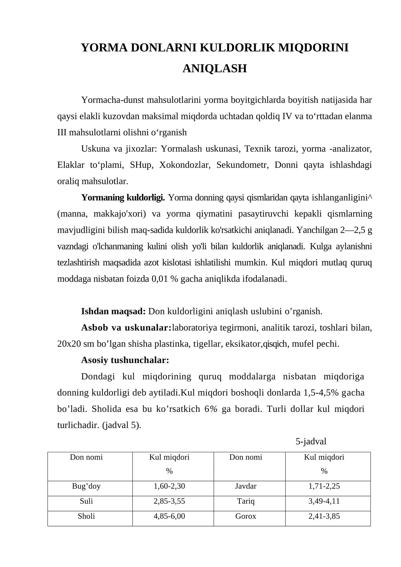 YORMA DONLARNI KULDORLIK MIQDORINI ANIQLASH
