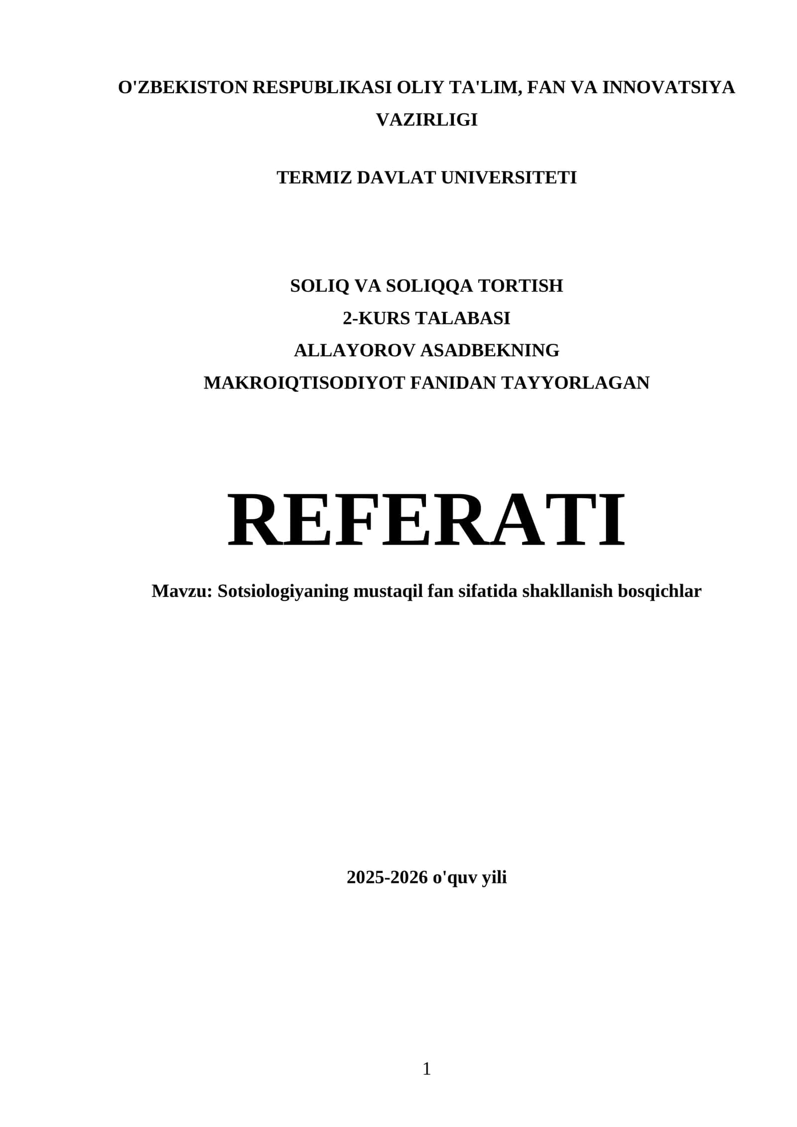 Sotsiologiyaning mustaqil fan sifatida shakllanish bosqichlar Referati