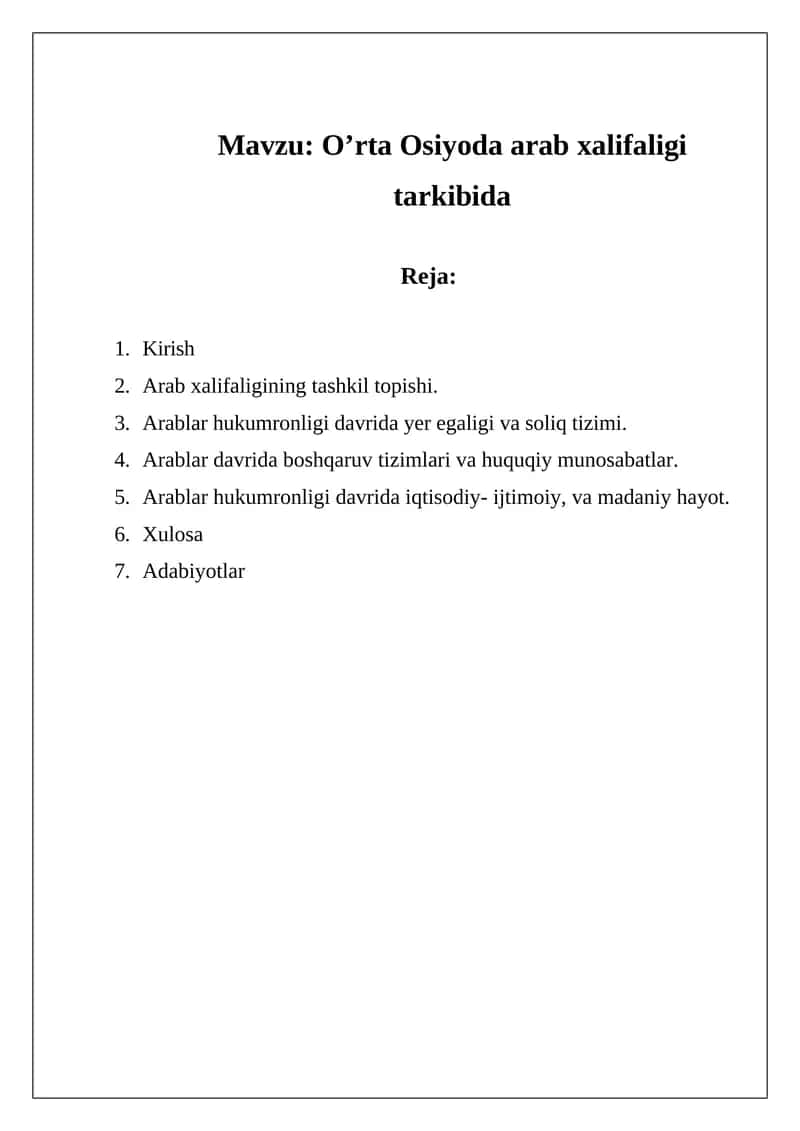 O’rta Osiyoda arab xalifaligi tarkibida