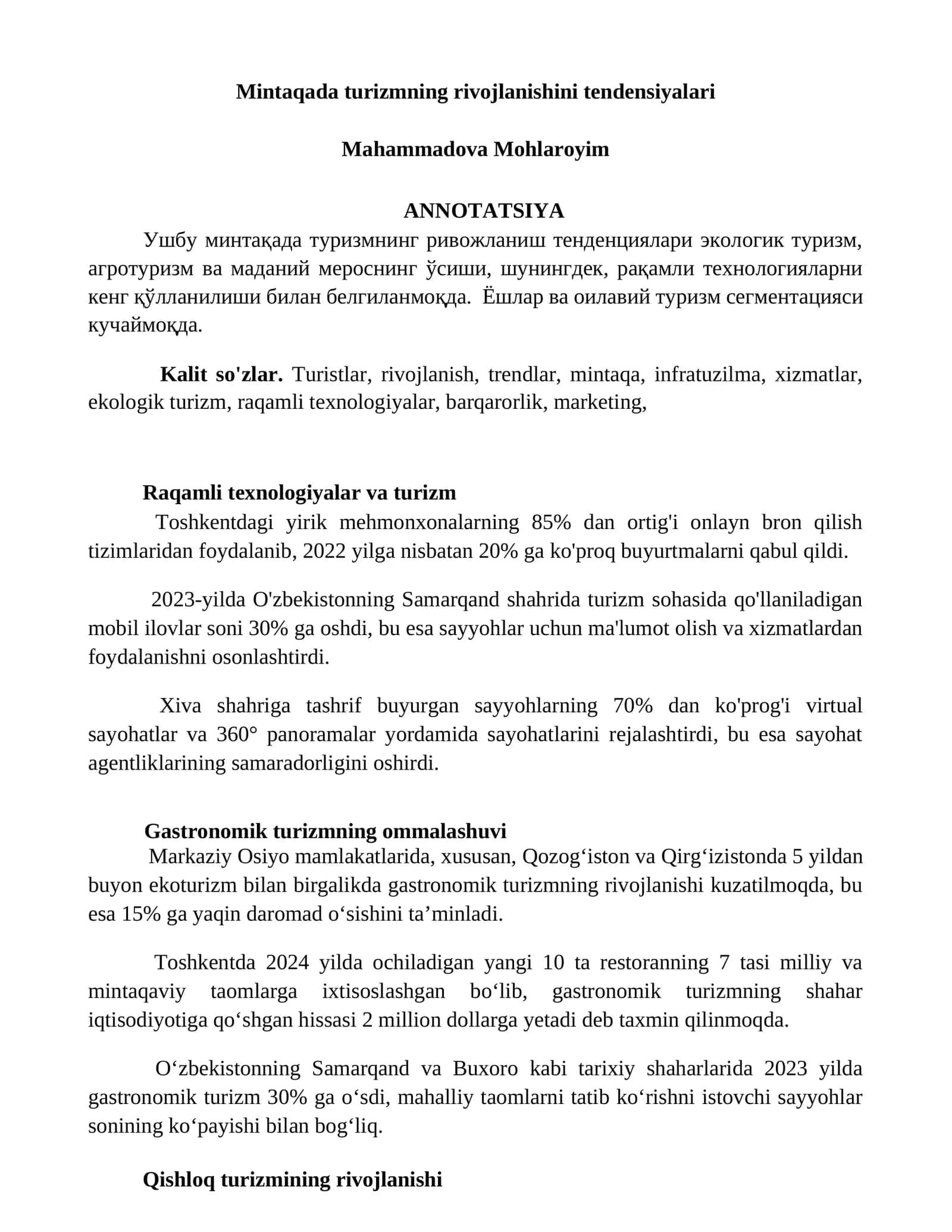 Mintaqada turizmning rivojlanishini tendensiyalari