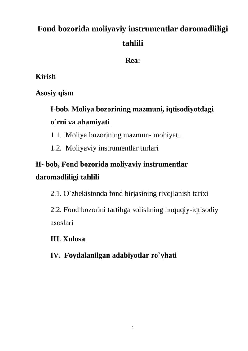 Fond bozorida moliyaviy instrumentlar daromadliligi tahlili