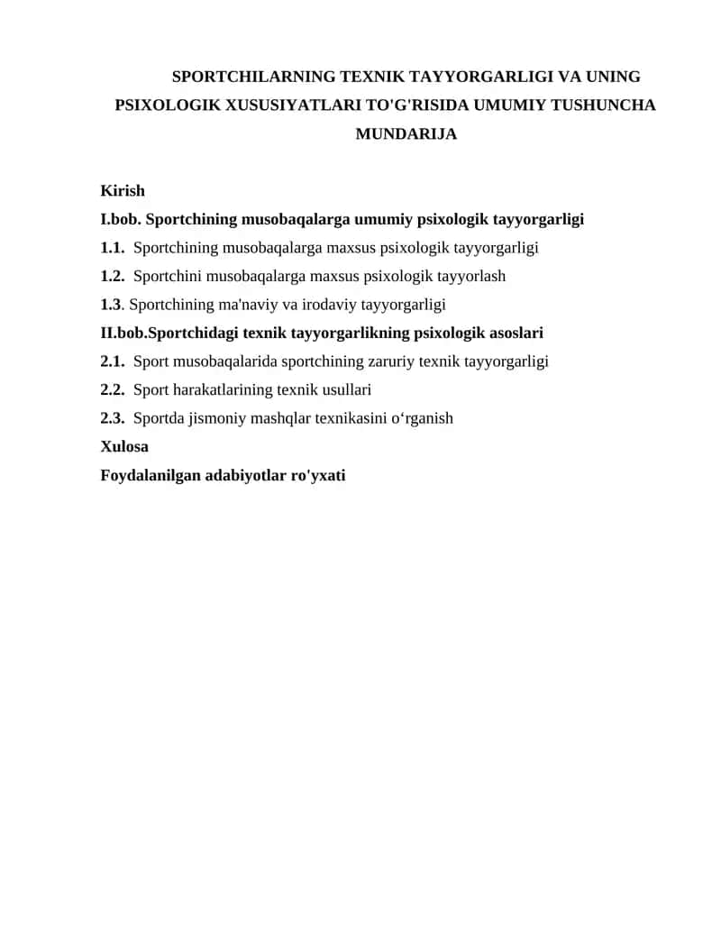 SPORTCHILARNING TEXNIK TAYYORGARLIGI VA UNING PSIXOLOGIK XUSUSIYATLARI TO'G'RISIDA UMUMIY TUSHUNCHA