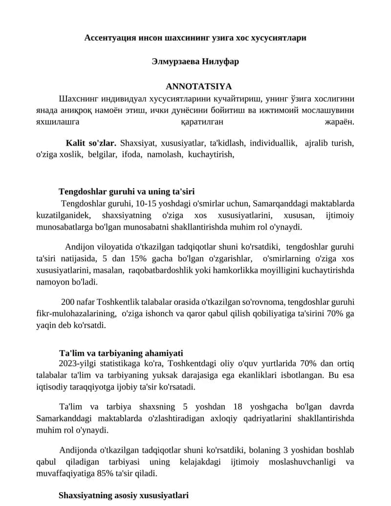 Assentuatsiya insonning o'ziga xos xususiyatlari
