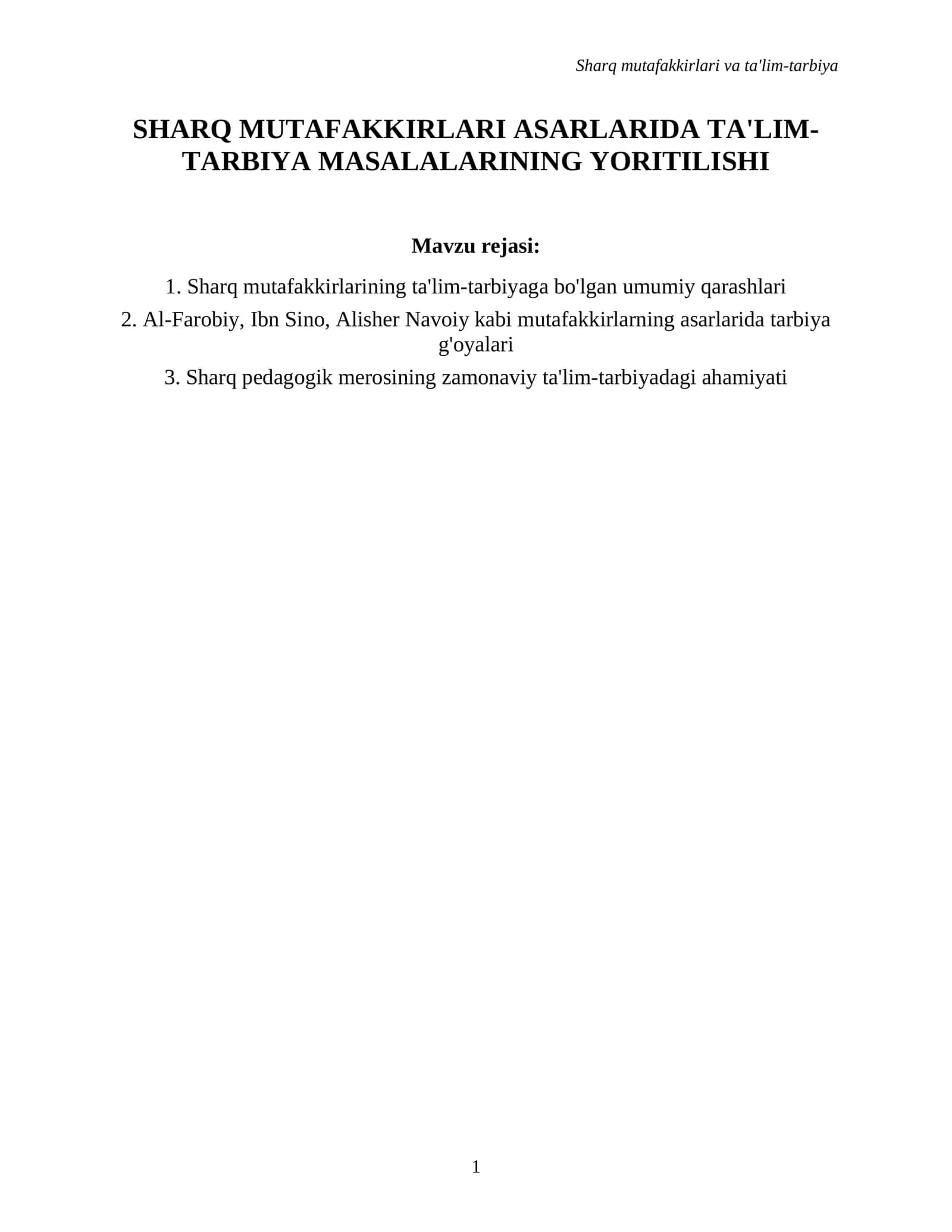 Sharq mutafakkirlari va ta'lim-tarbiya