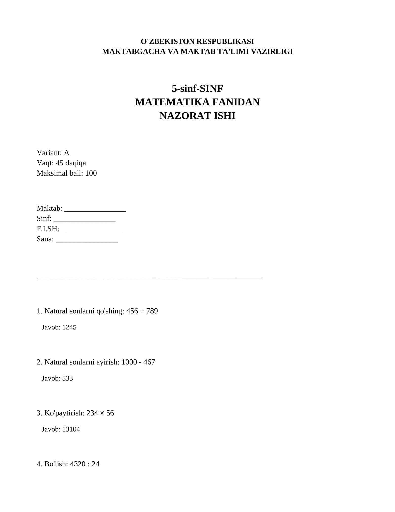 5-sinf-SINF MATMATIKA FANIDAN NAZORAT ISHI Variant: A