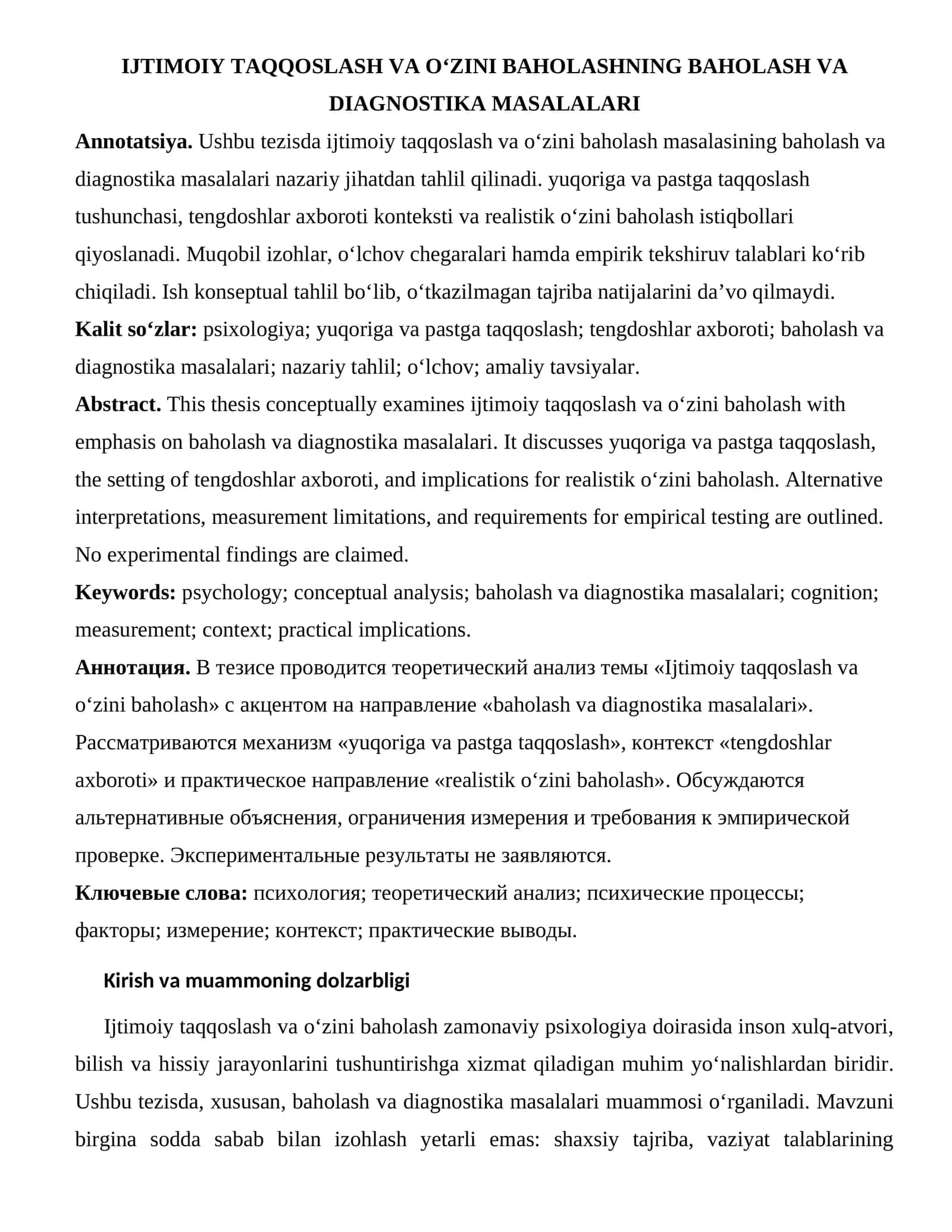 IJTIMOIY TAQQOSLASH VA O‘ZINI BAHOLASHNING BAHOLASH VA DIAGNOSTIKA MASALALARI