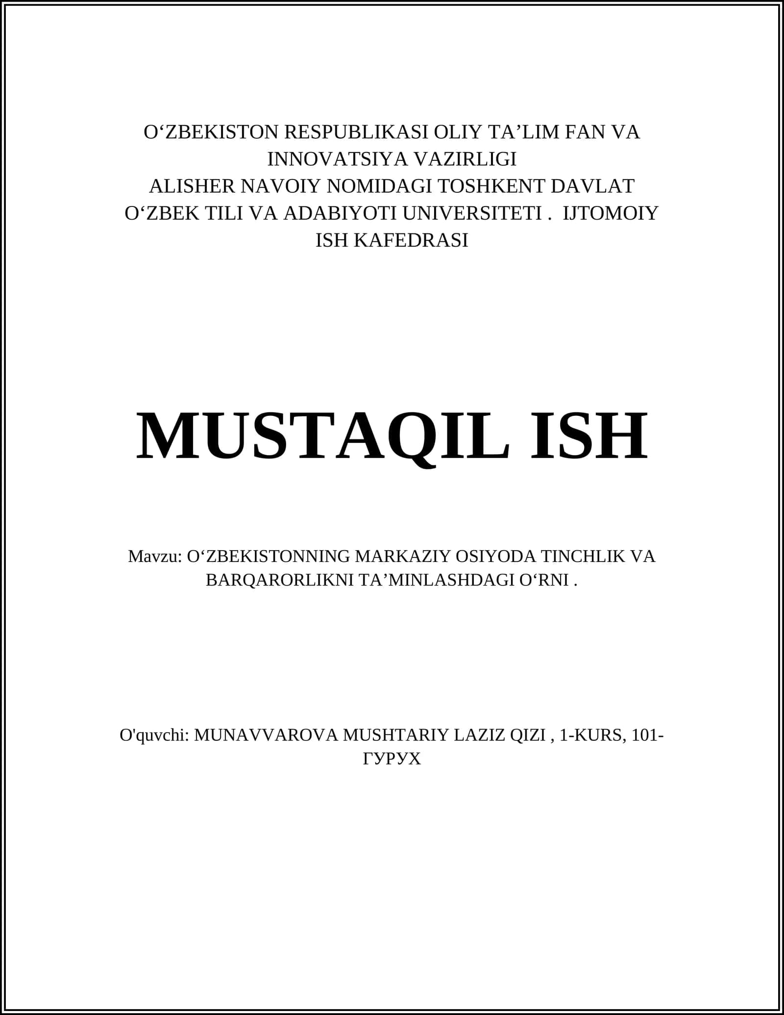 Oʻzbekistonning Markaziy Osiyoda Tinchlik va Barqarorlikni Taʼminlash Kursi