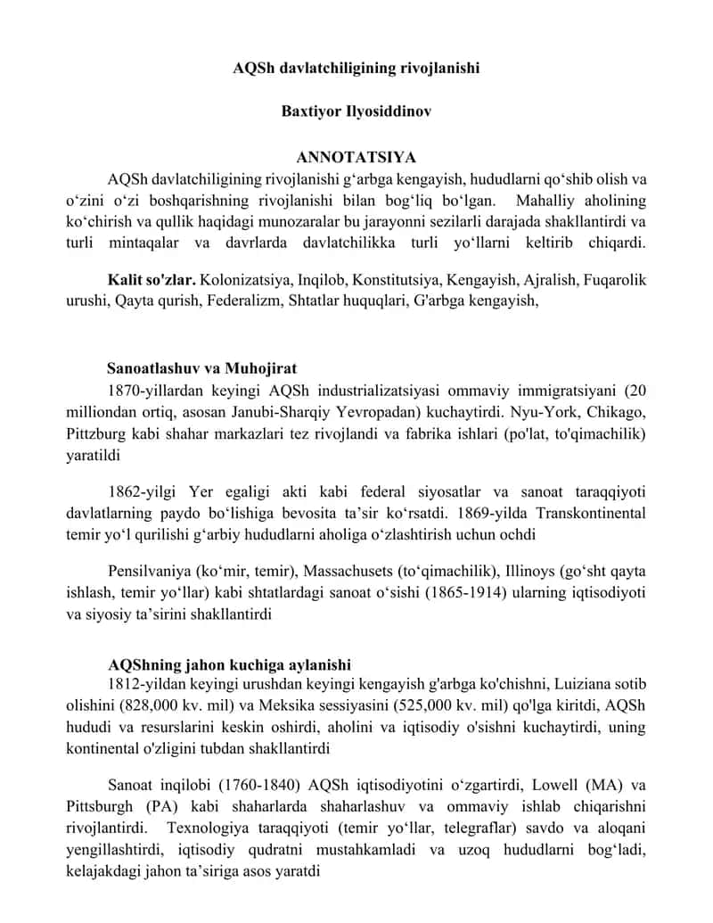 AQSh davlatchiligining rivojlanishi
