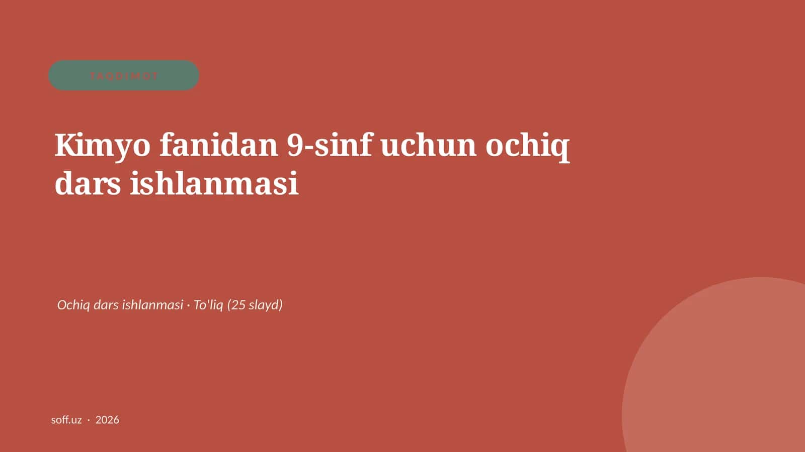 Kimyo fanidan 9-sinf uchun ochiq dars ishlanmasi