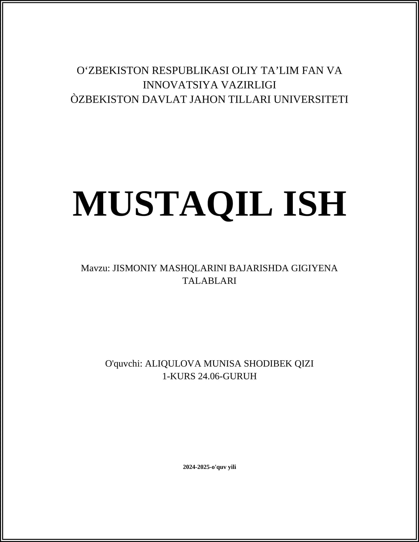 JISMONIY MASHQLARINI BAJARISHDA GIGIYENA TALABLARI