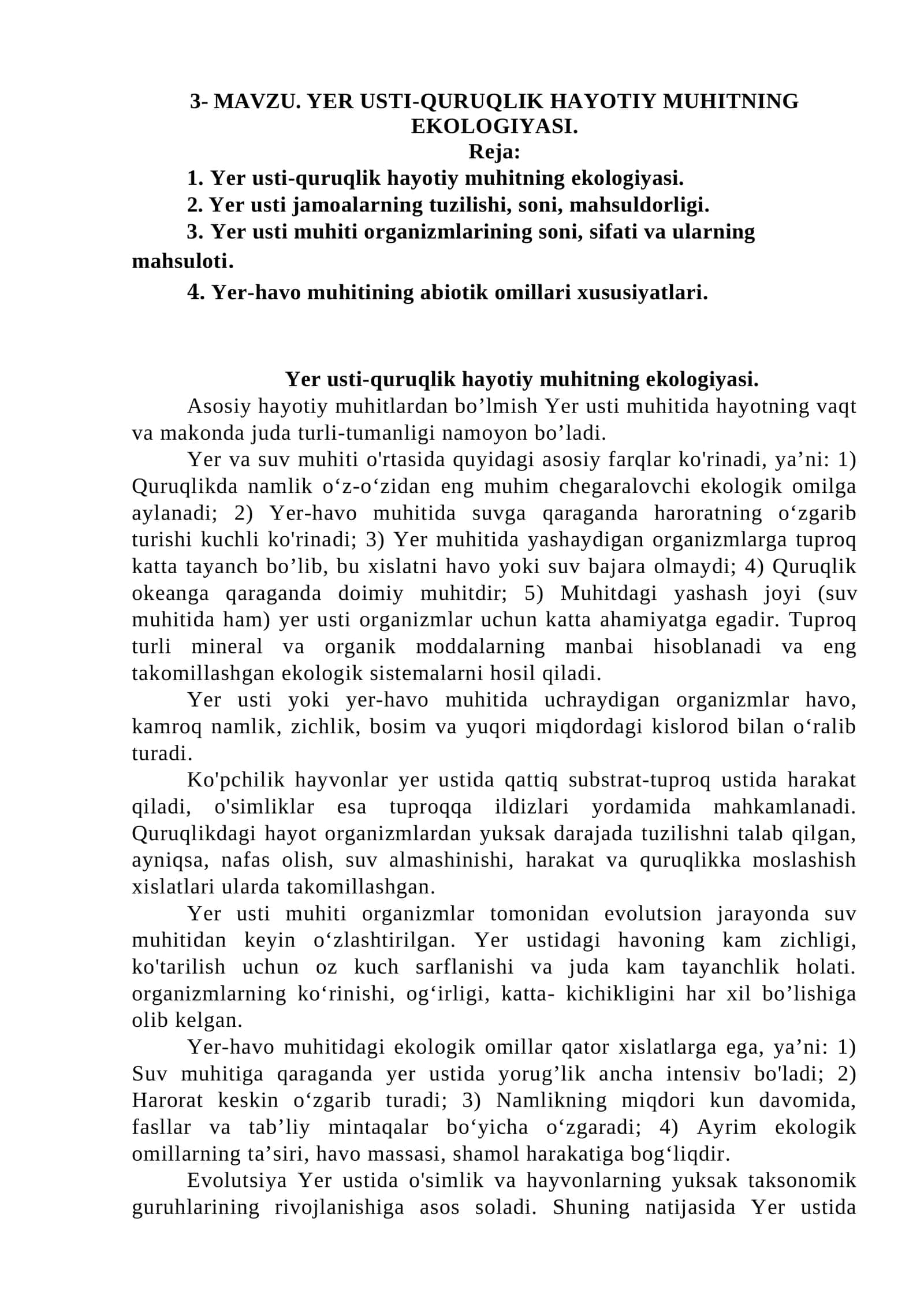 Yer Usti-Quruqlik Hayotiy Muhitning Ekologiyasi