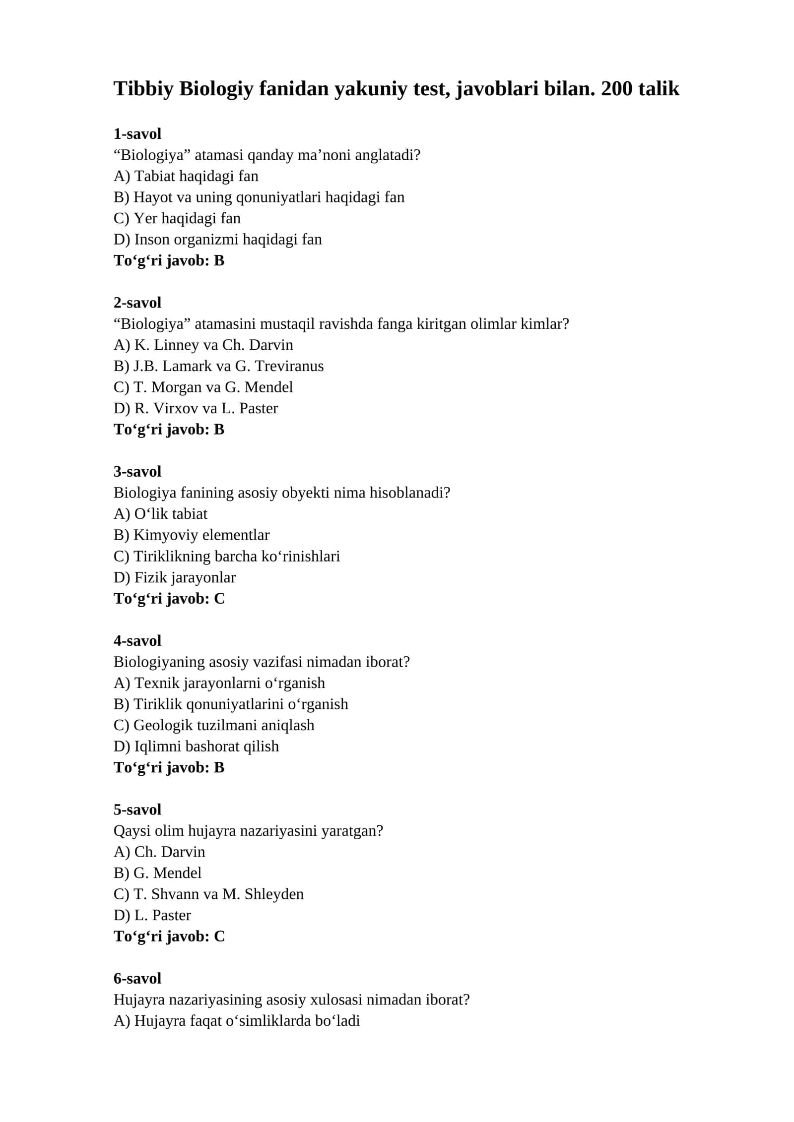 Tibbiy Biologiy fanidan yakuniy test