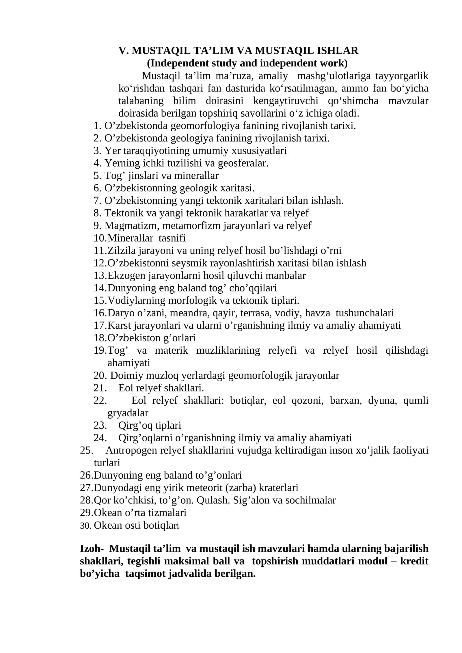 V. MUSTAQIL TA’LIM VA MUSTAQIL ISHLAR