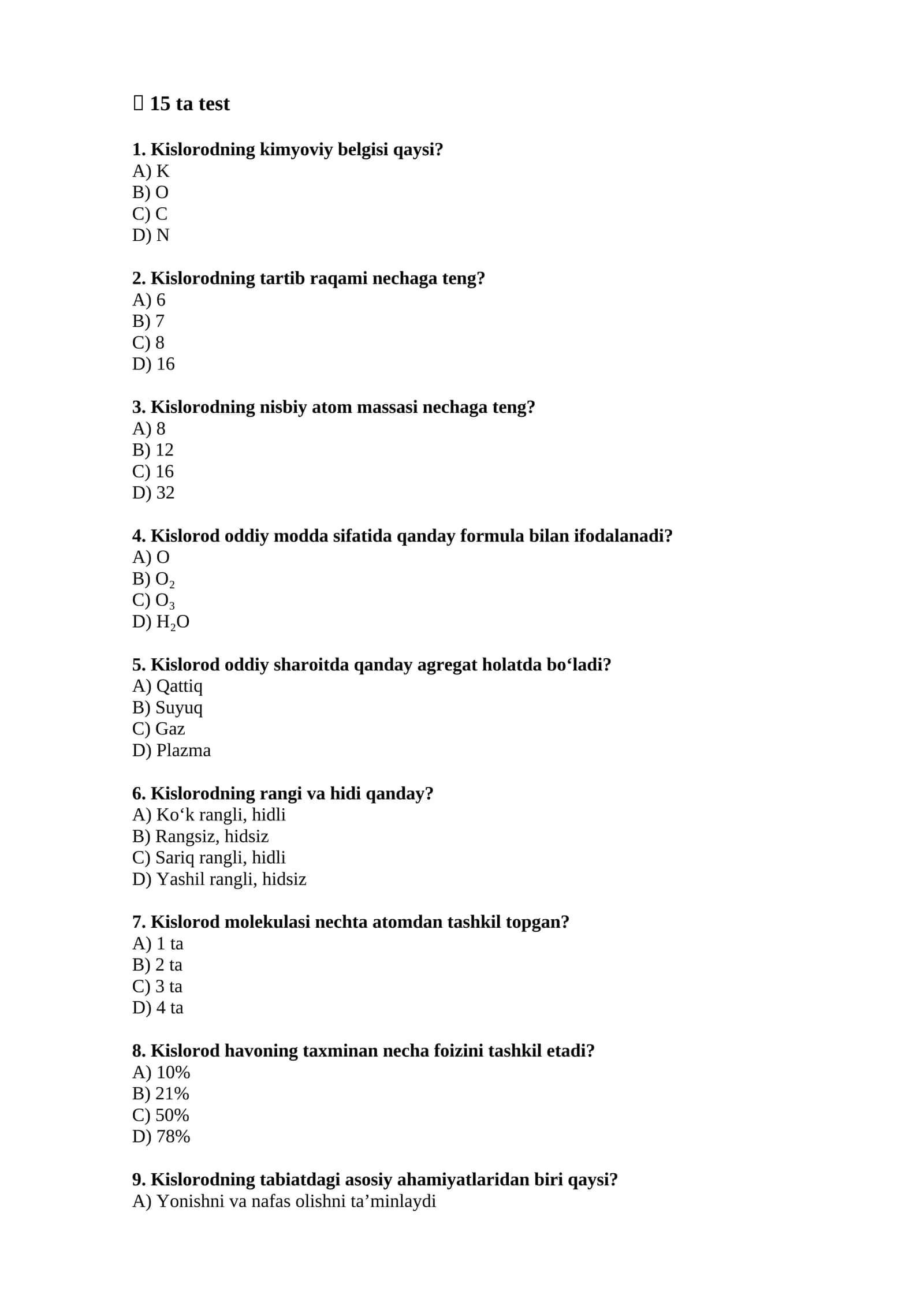 Kislorod haqida test savollar