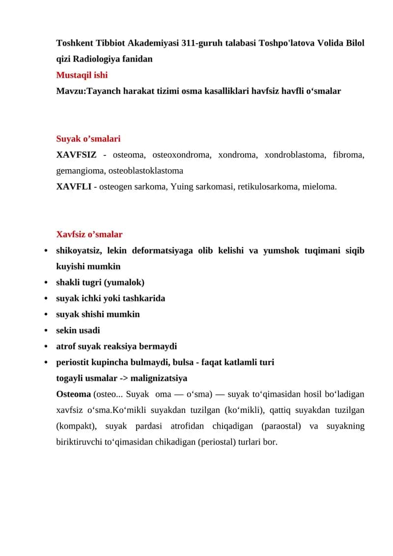 Tayanch harakat tizimi osma kasalliklari havfsiz havfli oʻsmalar