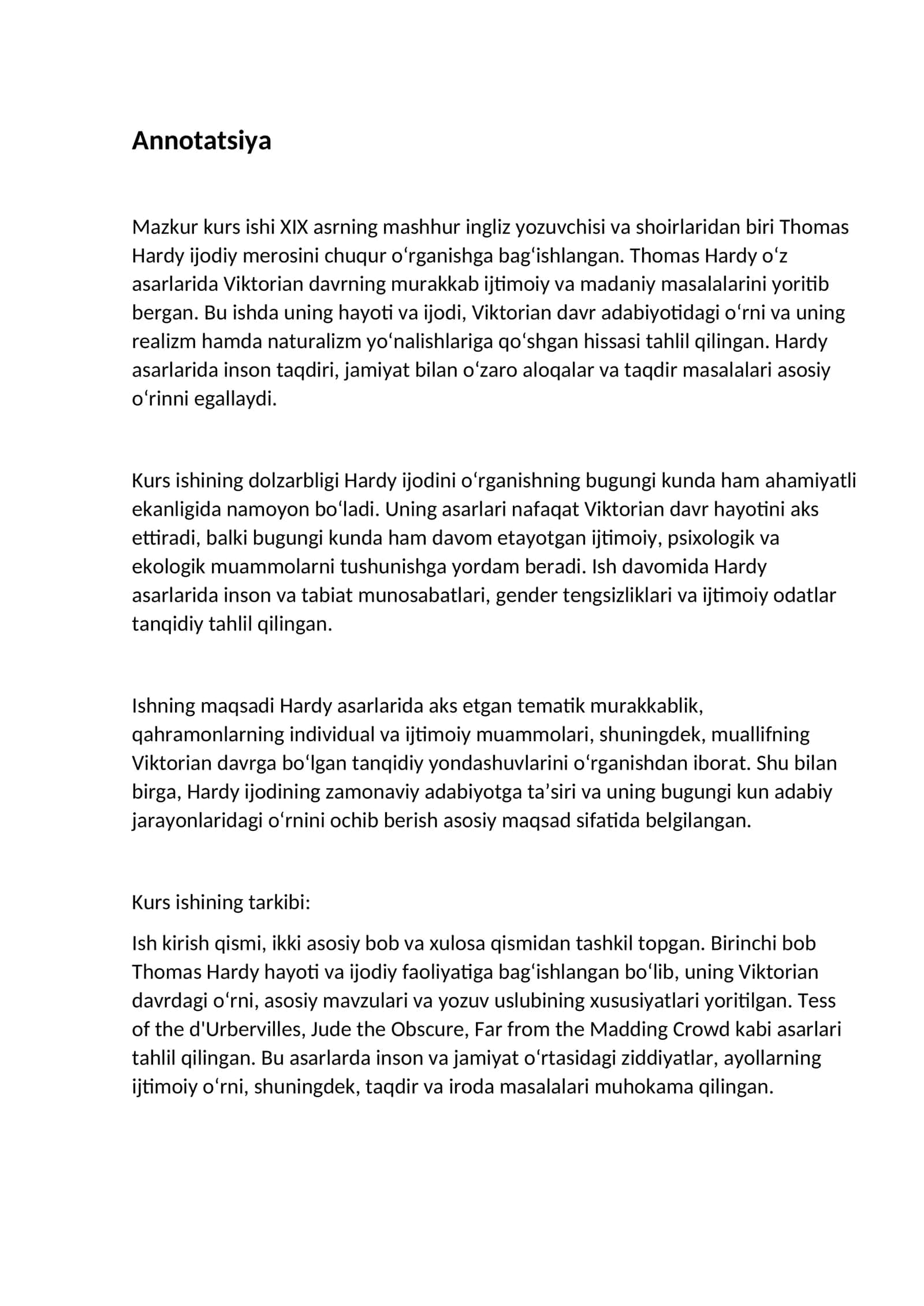 Thomas Hardy ijodiy merosini tahlili