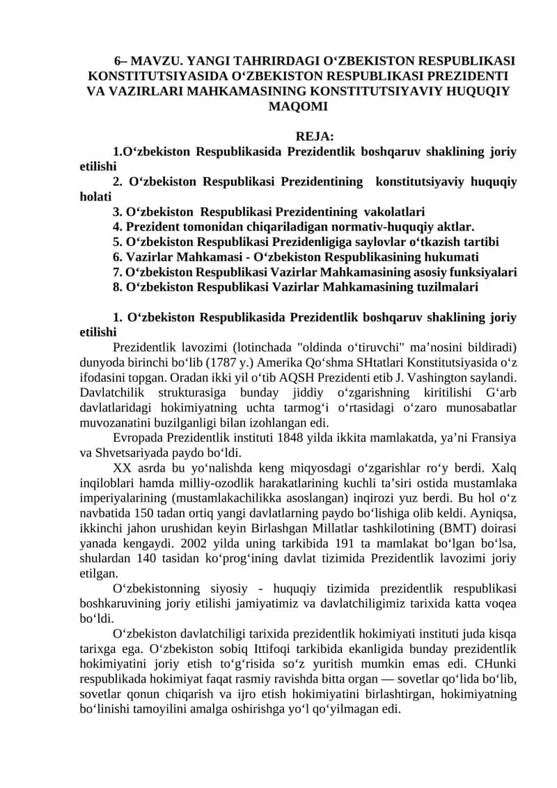 O‘zbekiston Respublikasi Konstitutsiyasida O‘zbekiston Respublikasi Prezidenti va Vazirlari Mahkamasi
