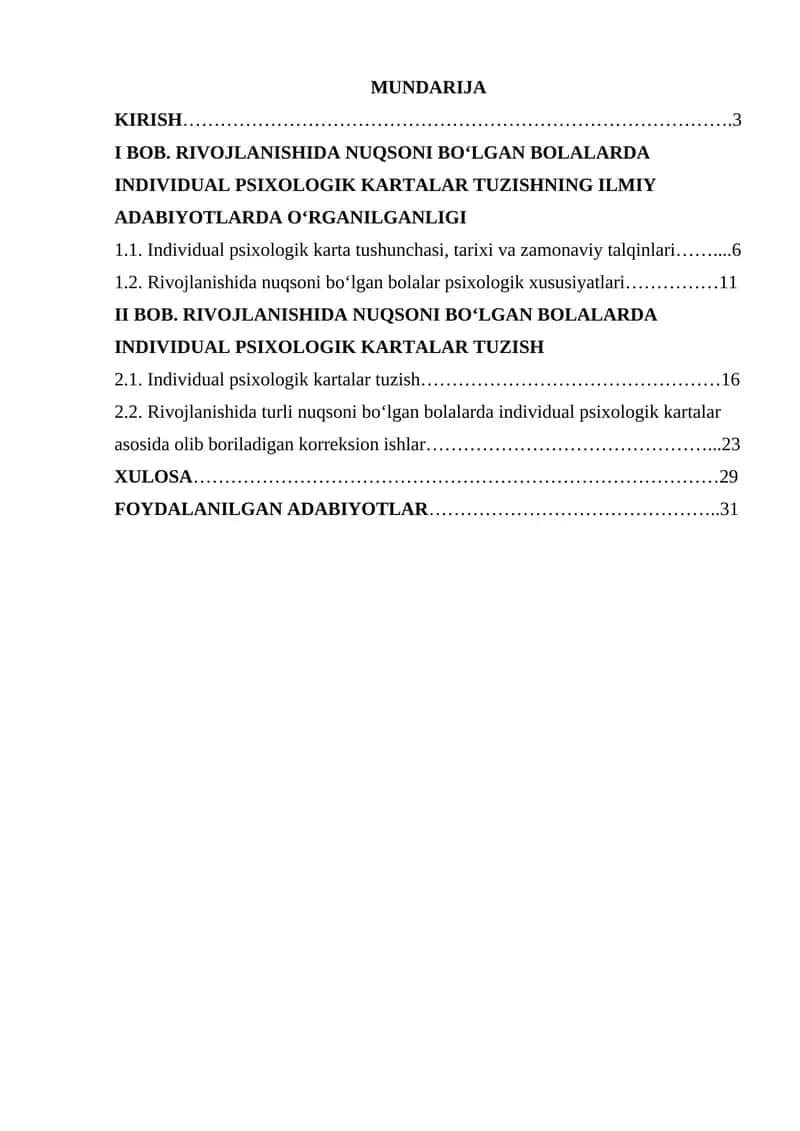 Rivojlanishida nuqsoni bo'lgan bolalarda individual psixologik kartalar tuzish
