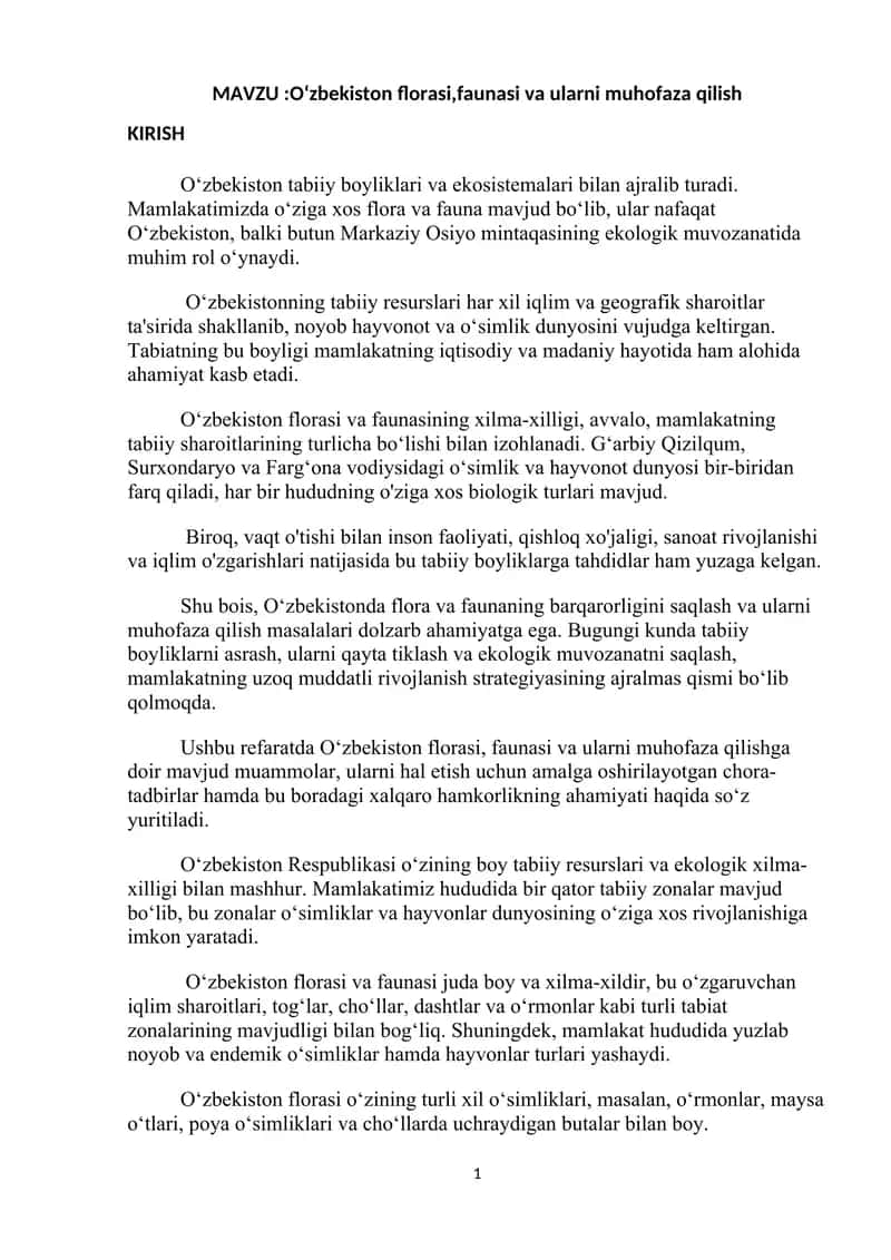 Oʻzbekiston florasi,faunasi va ularni muhofaza qilish