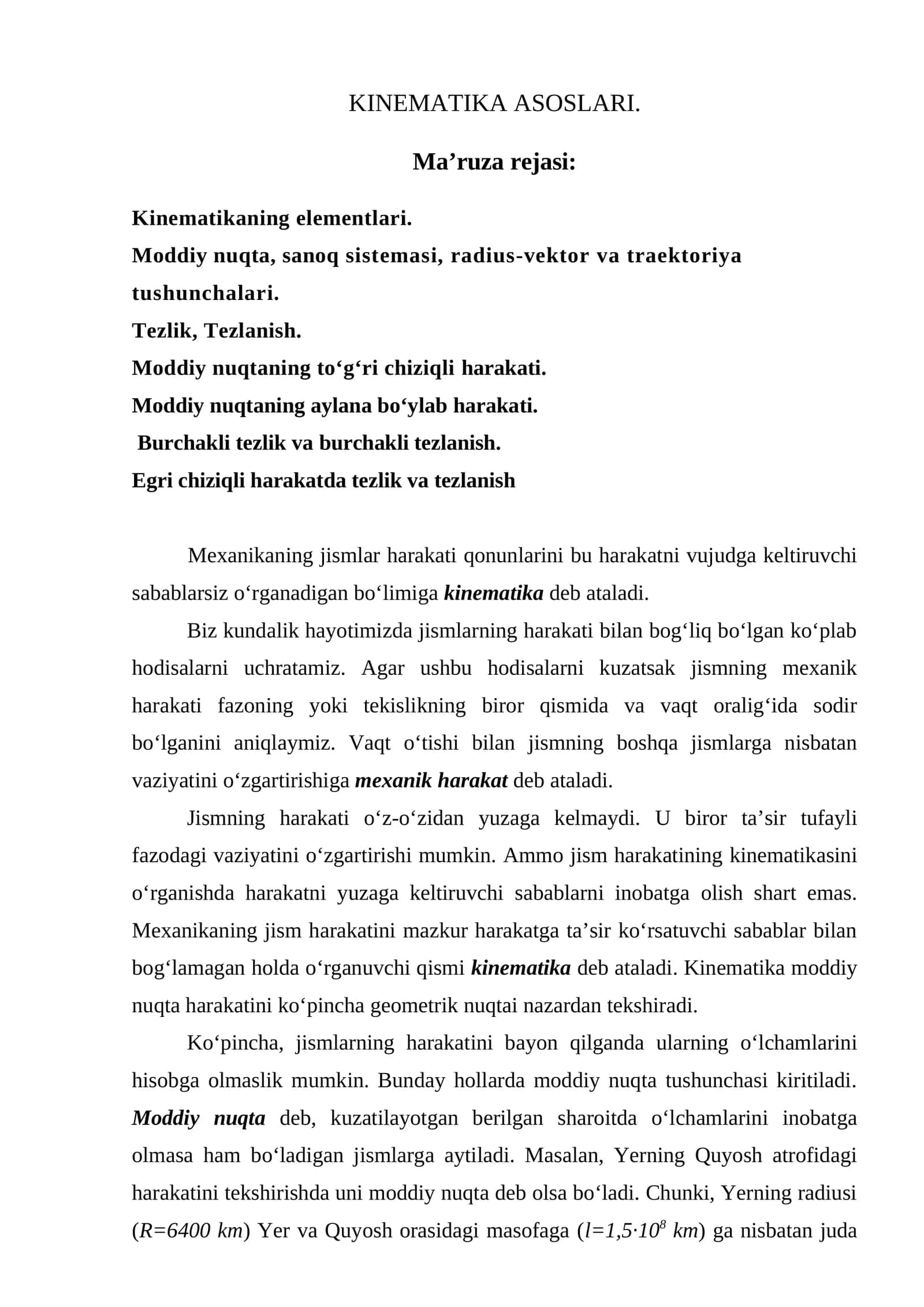KINEMATIKA ASOSLARI