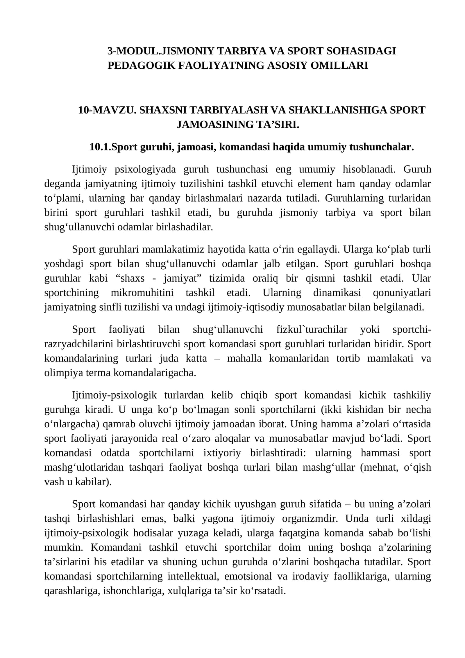 SHAXSNI TARBIYALASH VA SHAKLLANISHIGA SPORT JAMOASINING TA’SIRI