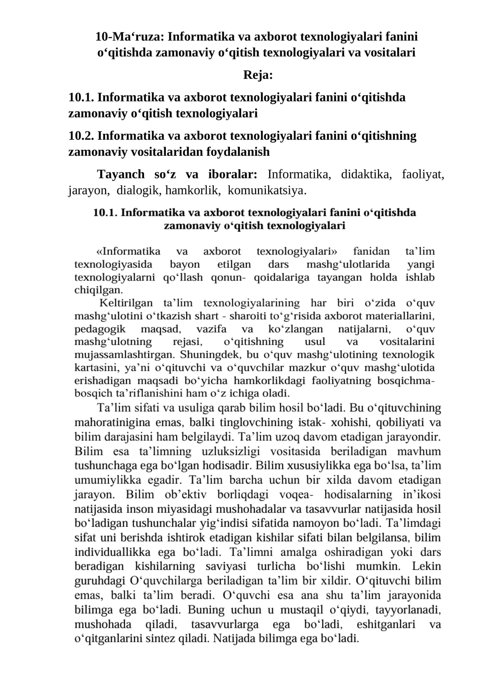 10-Ma‘ruza: Informatika va axborot texnologiyalari fanini o‘qitishda zamonaviy o‘qitish texnologiyalari va vositalari
