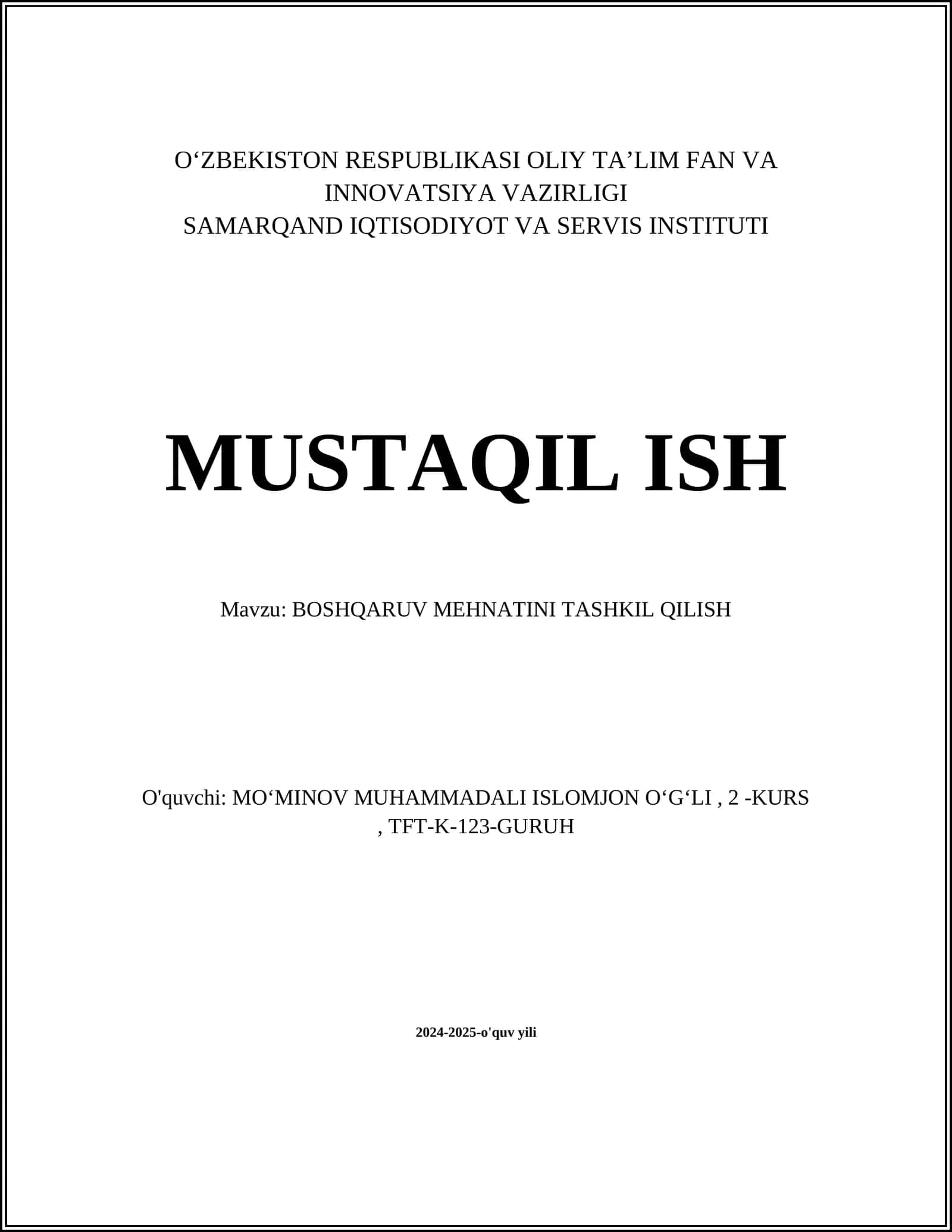BOSHQARUV MEHNATINI TASHKIL QILISH