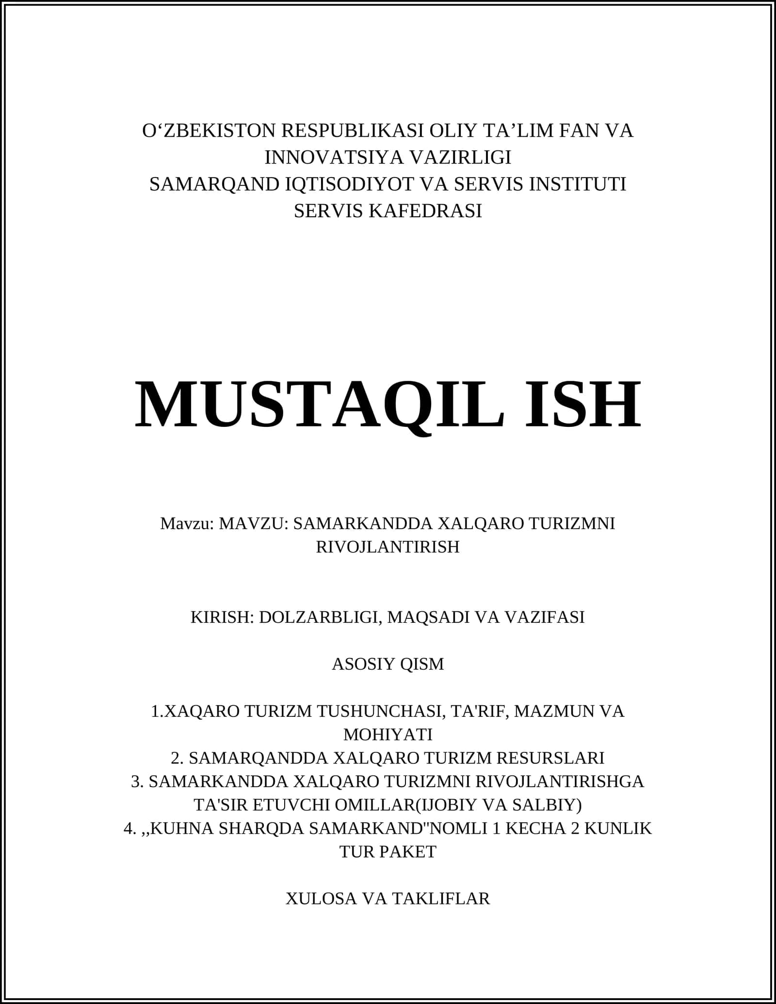 SAMARKANDDA XALQARO TURIZMNI RIVOJLANTIRISH