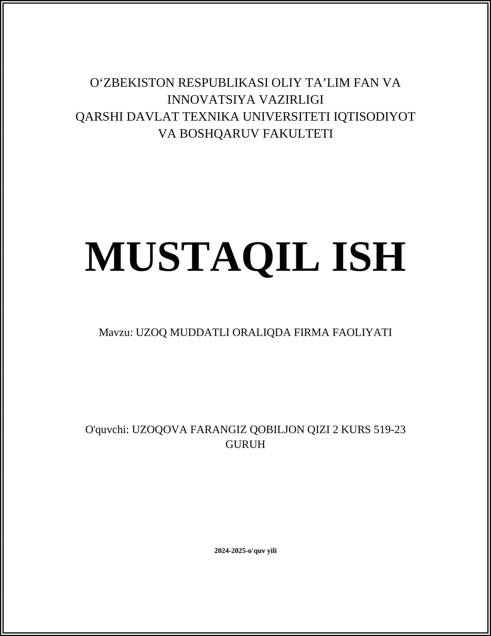 UZOQ MUDDATLI ORALIQDA FIRMA FAOLIYATI