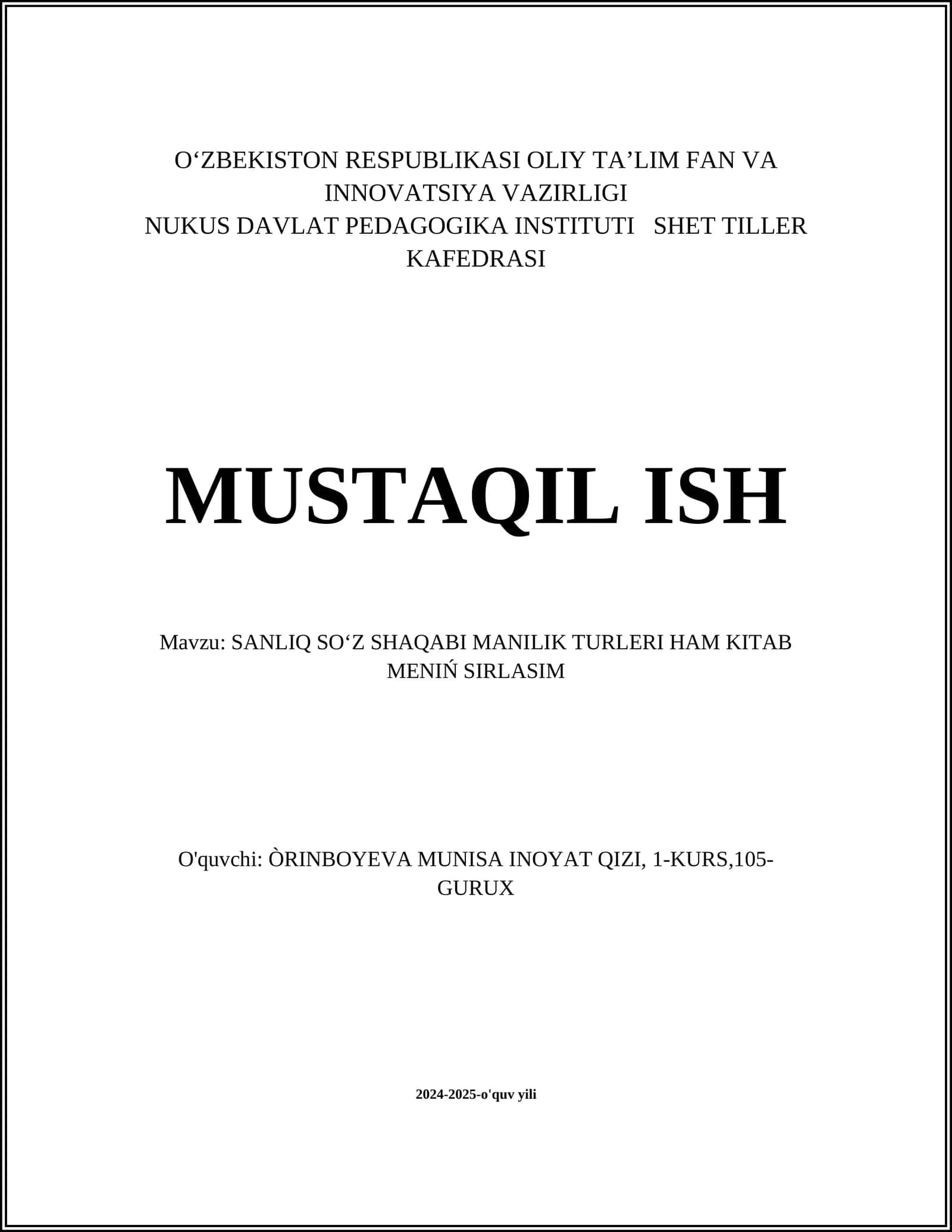 SANLIQ SOʻZ SHAQABI MANILIK TURLERI HAM KITAB MENIŃ SIRLASIM