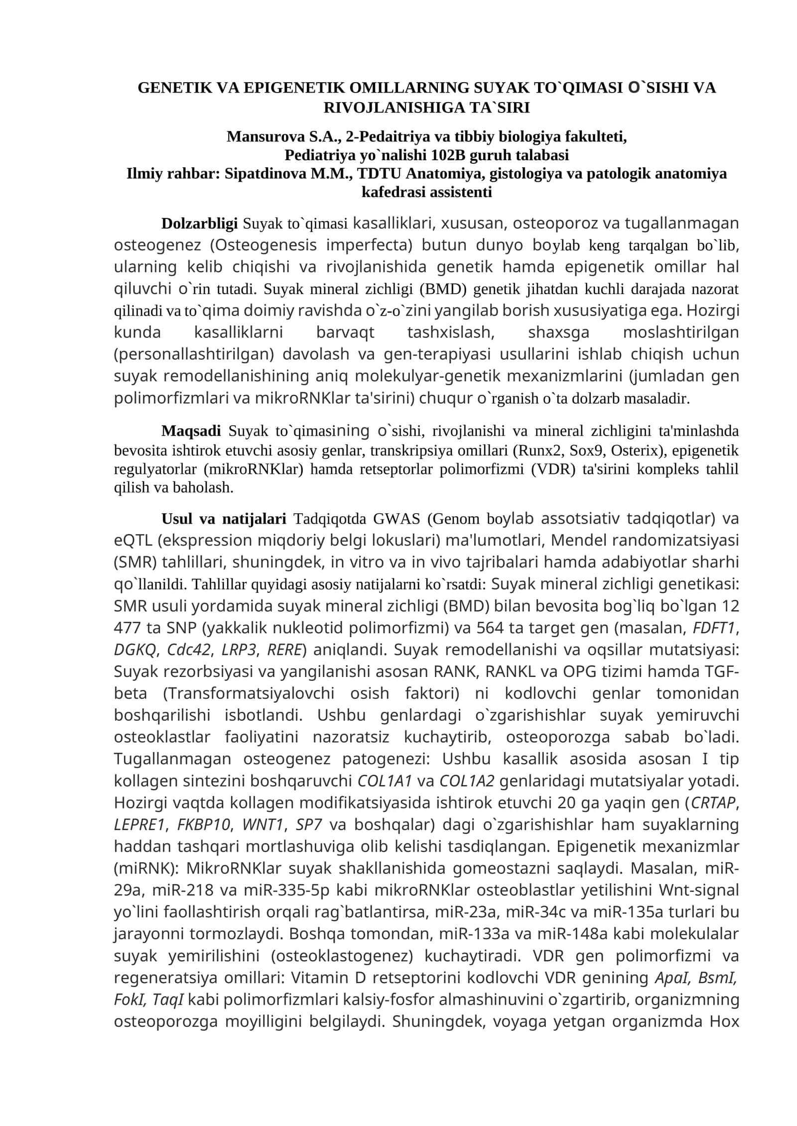 GENETIK VA EPIGENETIK OMILLARNING SUYAK TO`QIMASI O`SISHI VA RIVOJLANISHIGA TA`SIRI