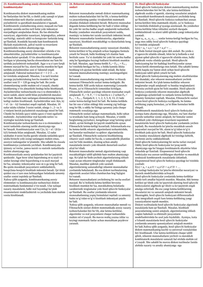 Kombinatorikaning asosiy elementlari
