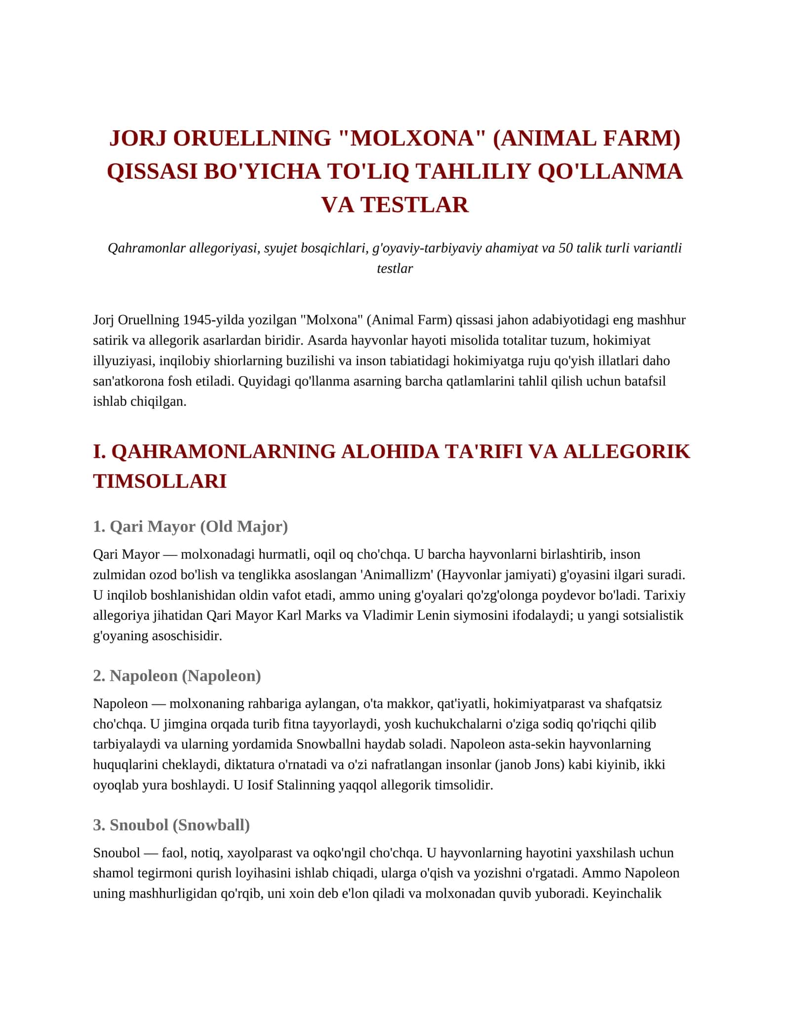 "Molxona" (Animal Farm) Qissasi Tahliliy Qo'llanma va Testlar