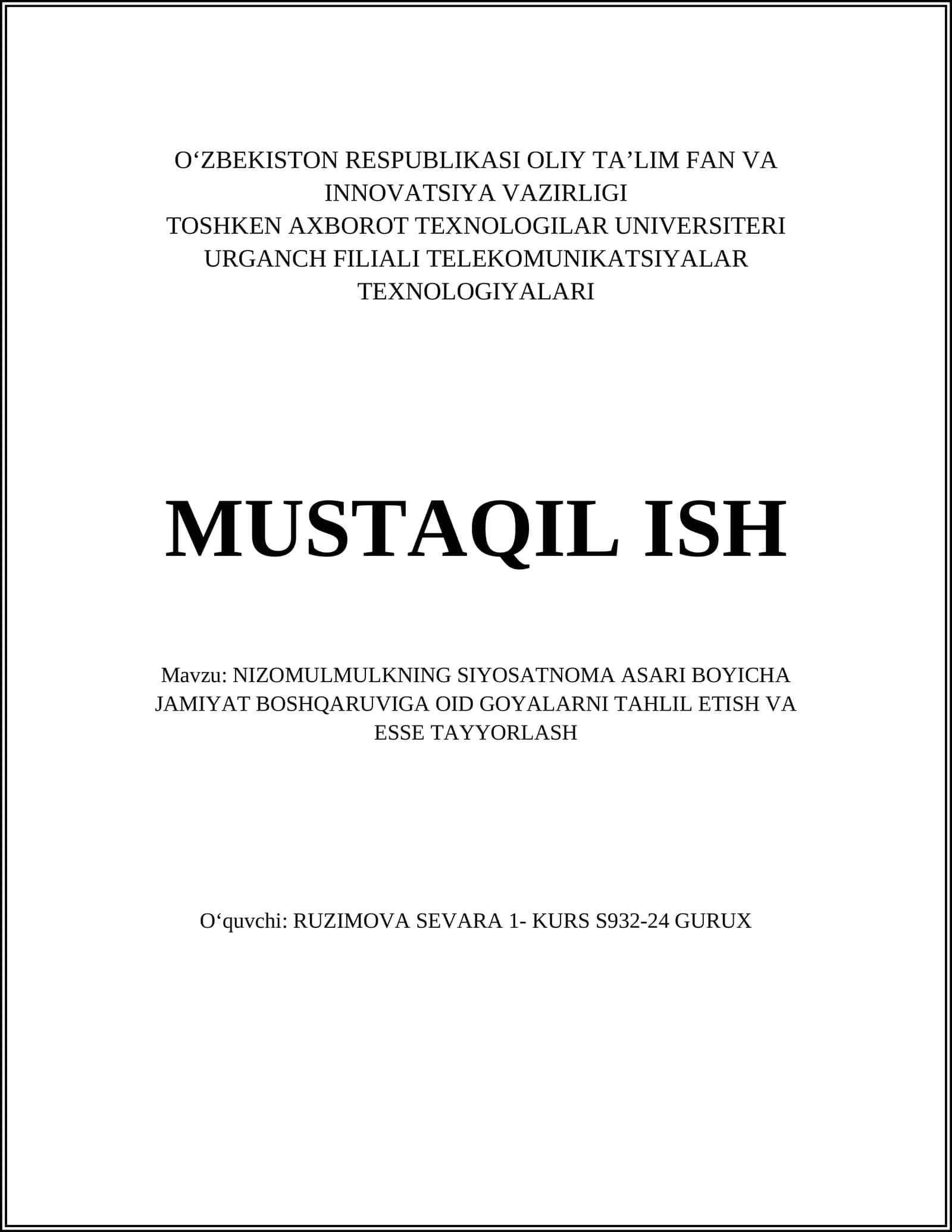 Nizomulmulkning siyosatnoma asari boyicha jamiyat boshqaruviga oid goyalarni tahlil etish va esse tayyorlash