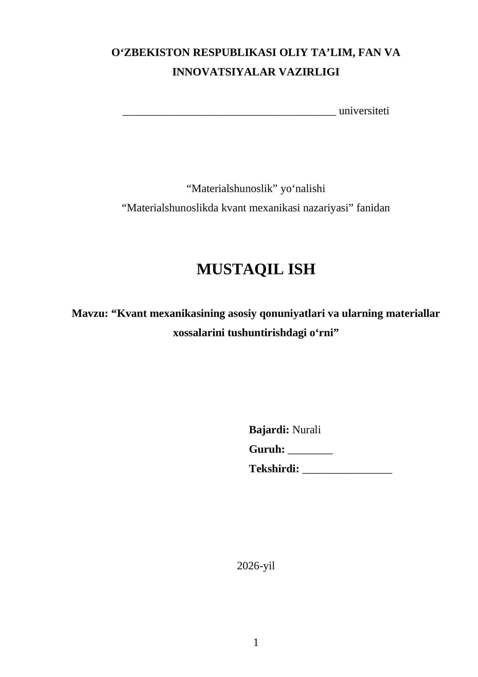 Materialshunoslikda Kvant Mexanikasi Nazariyasi